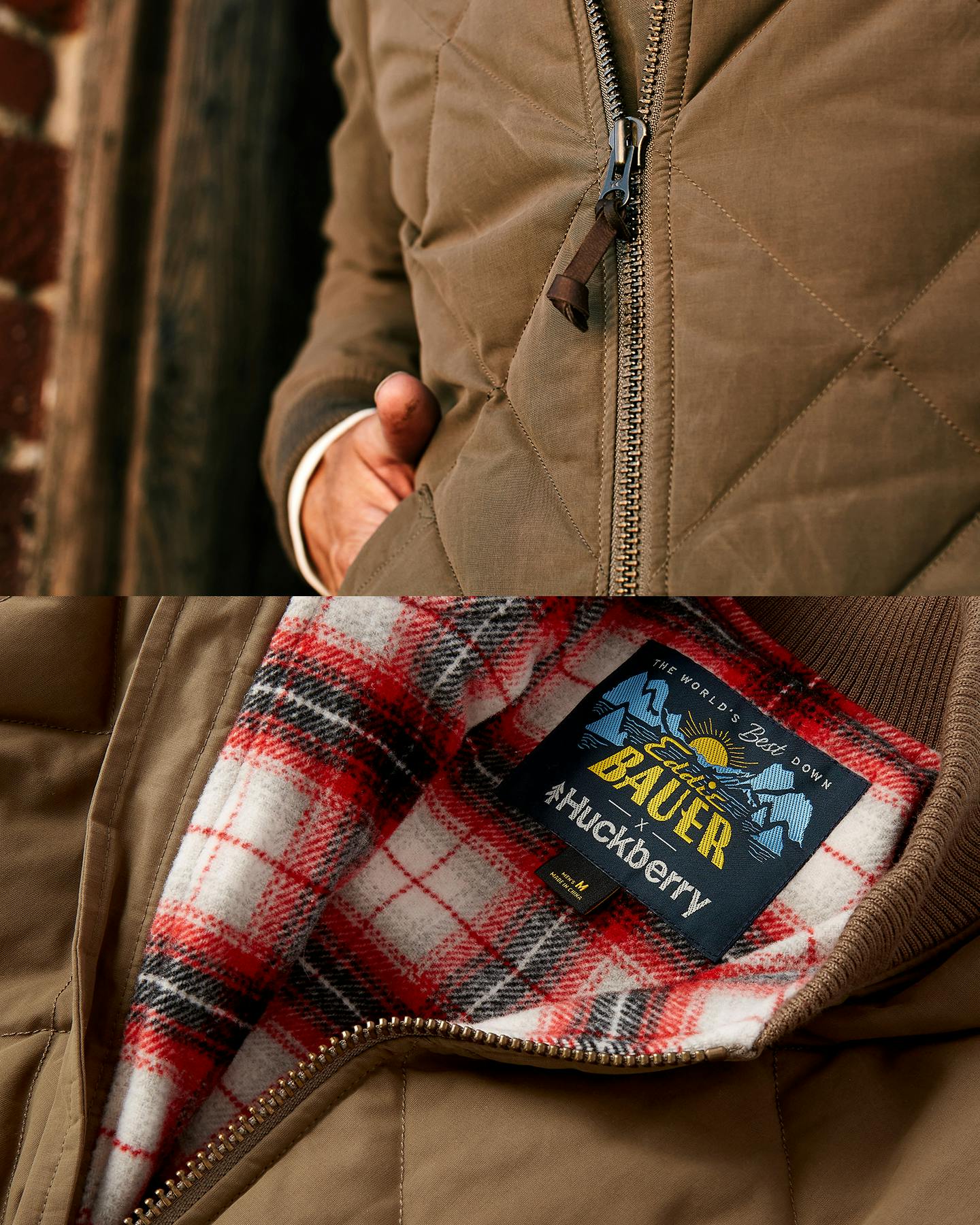 Detail shots of plaid jacket lining and label inside jacket