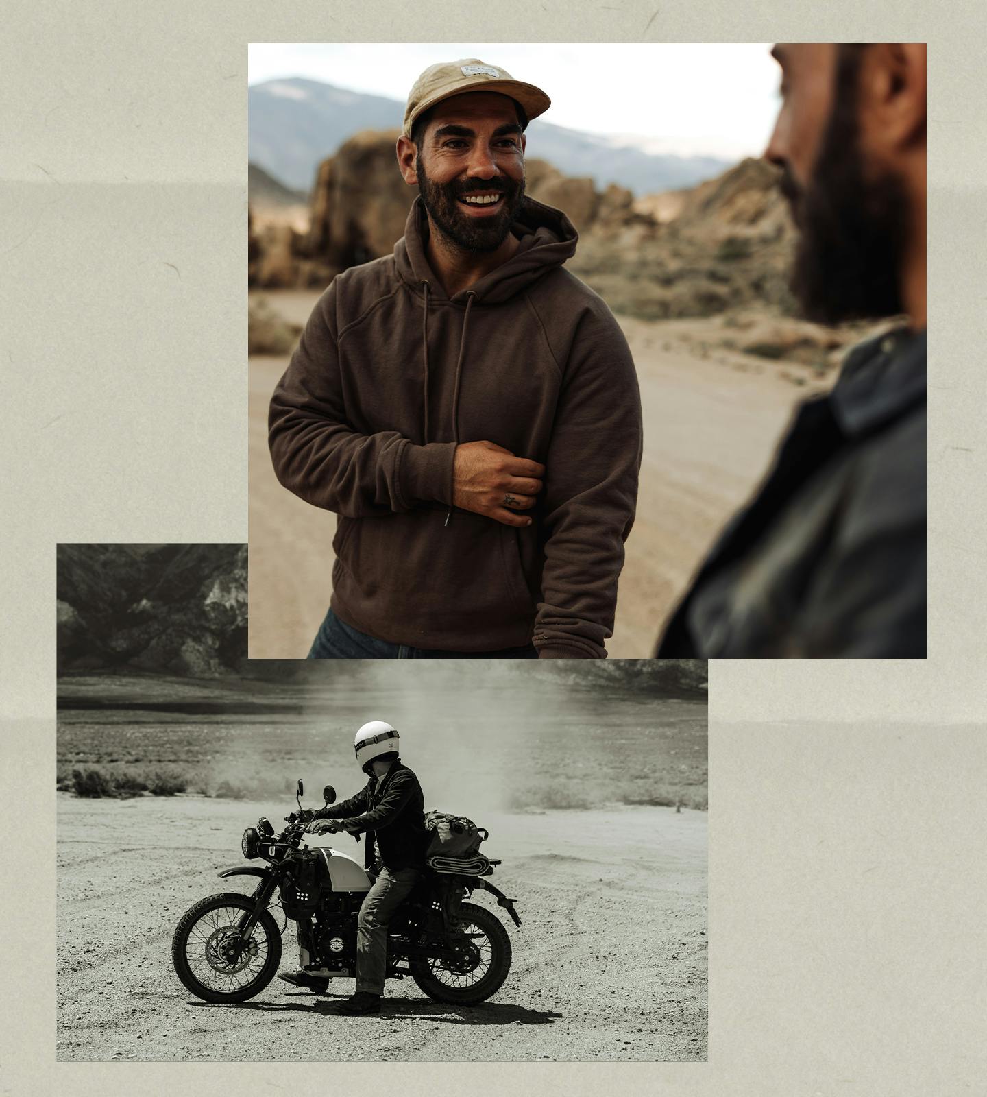 Collage of imagery of 10-Year hoodie and man on motorcycle