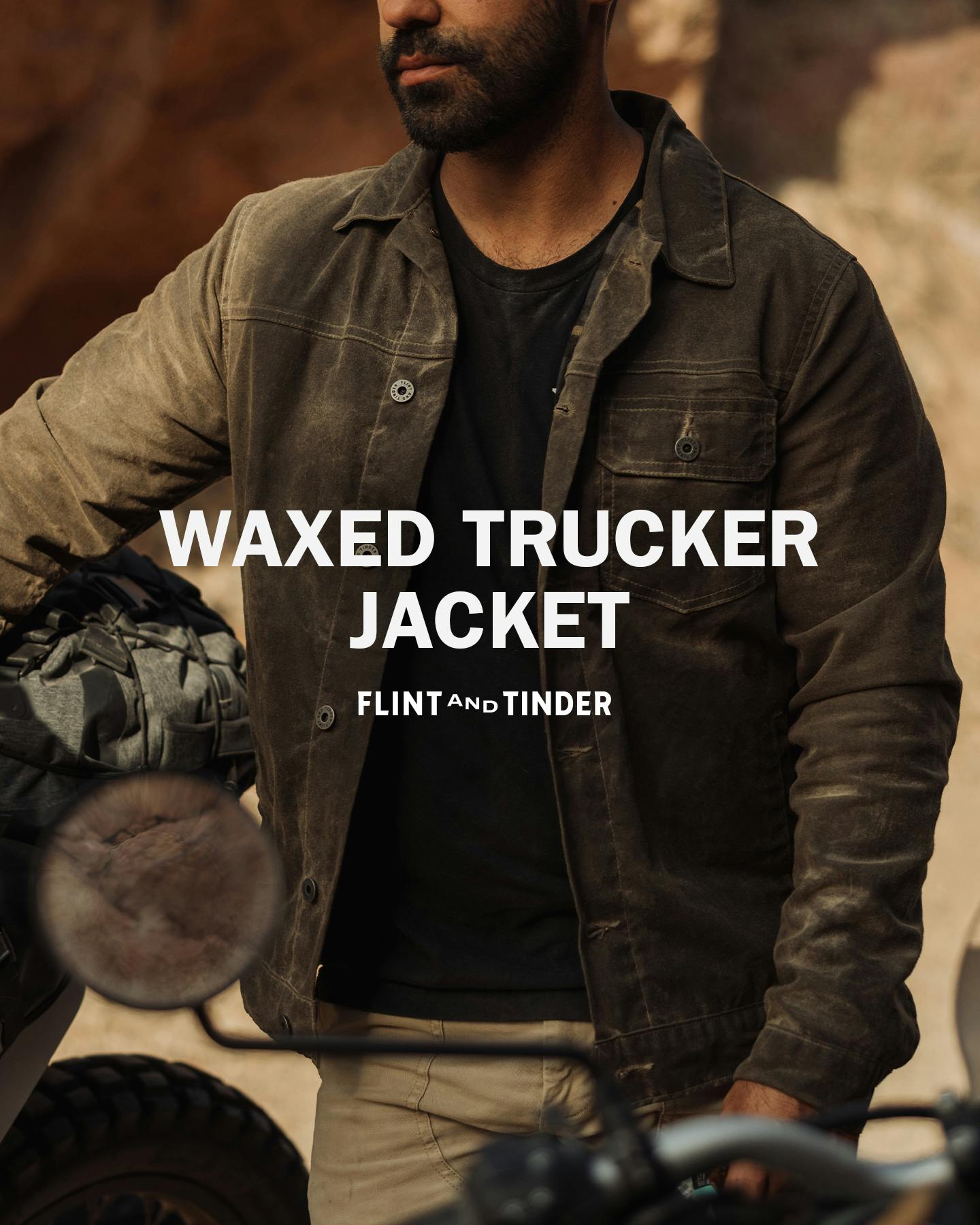 Waxed Trucker Jacket text over image of man wearing jacket