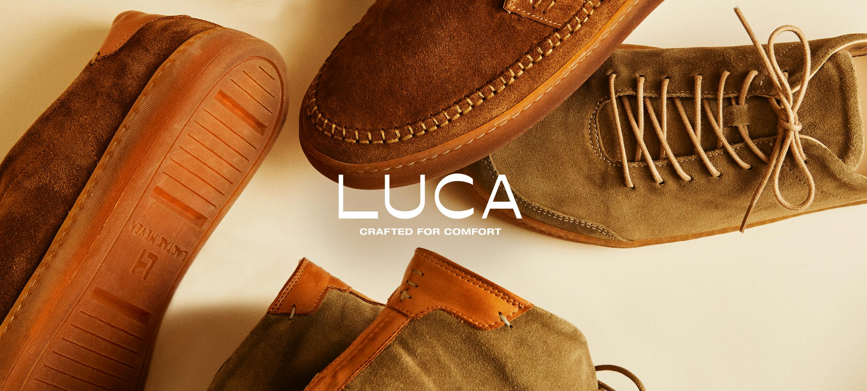 Luca logo over top Luca shoes