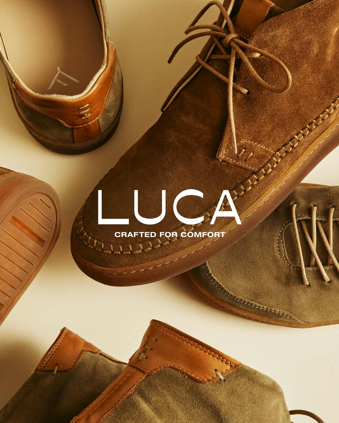Luca logo over top Luca shoes