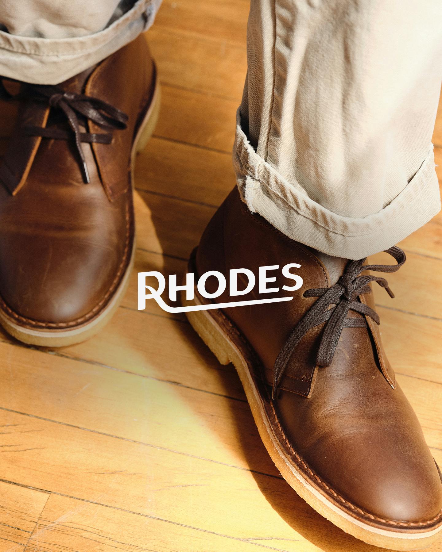 Model wearing leather Rhodes shoes