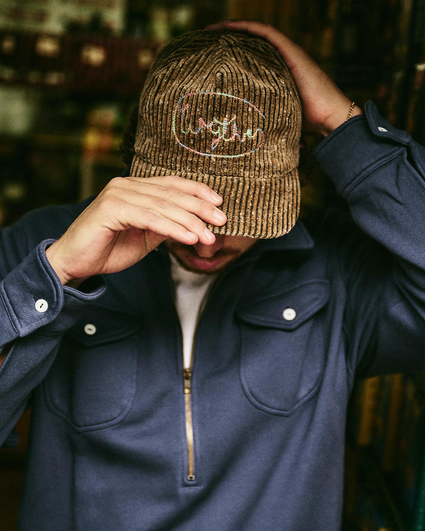 Detail shots of Wythe x Huckberry leather Jacket and hat