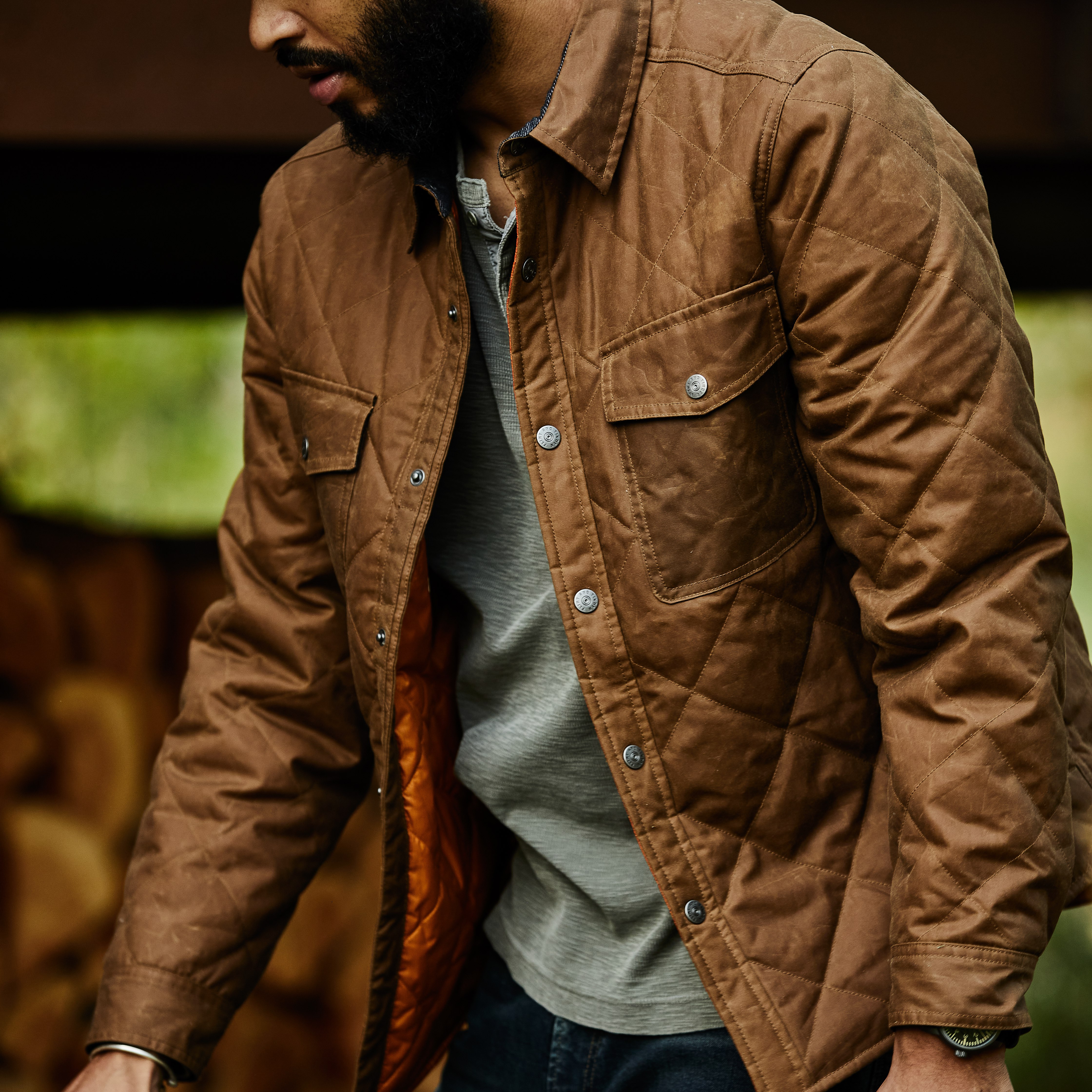 Flint and Tinder Quilted Waxed Shirt Jacket - Brown w/ Orange