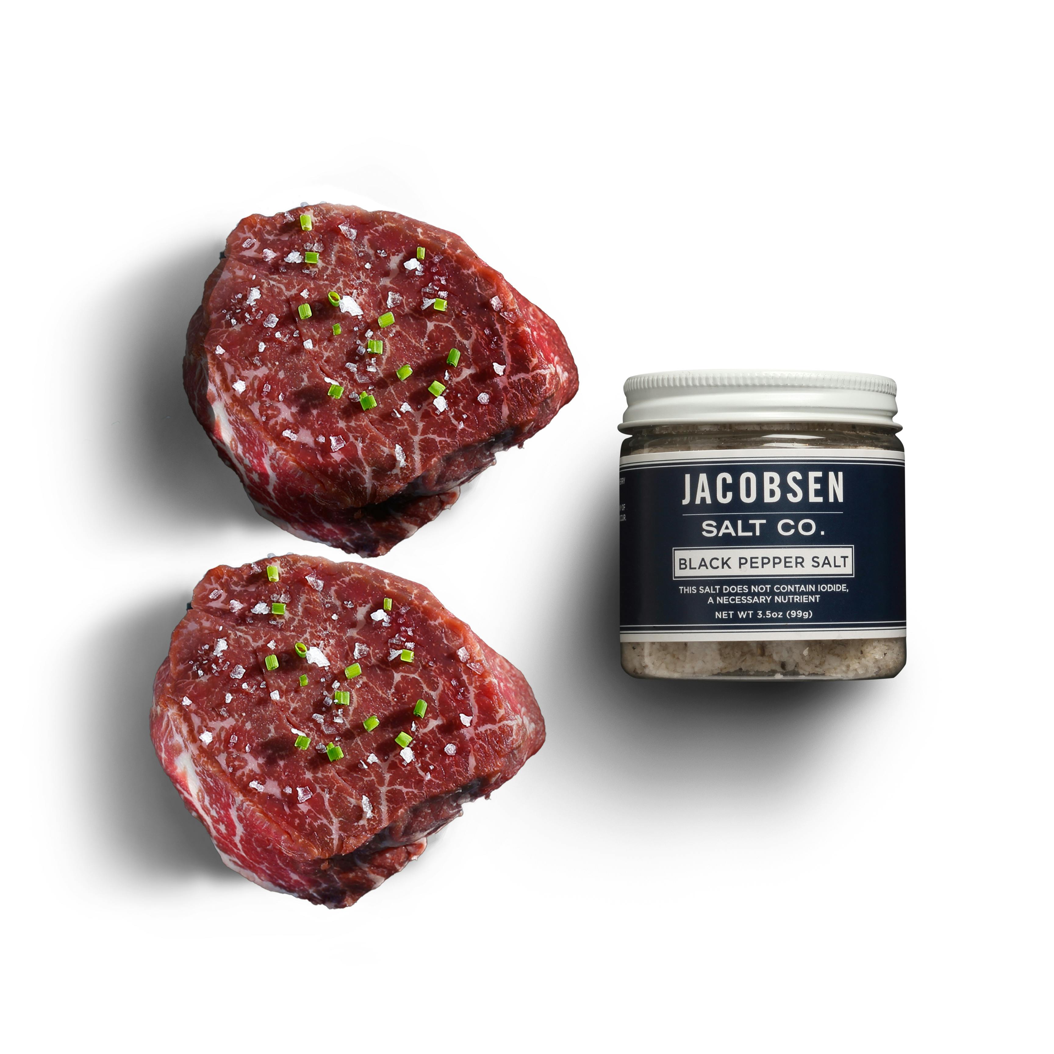 Two 8 oz Filet Mignon Steaks + Jacobsen Black Pepper Infused Salt package