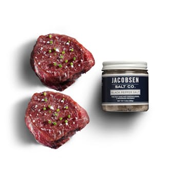Two 8 oz Filet Mignon Steaks + Jacobsen Black Pepper Infused Salt package