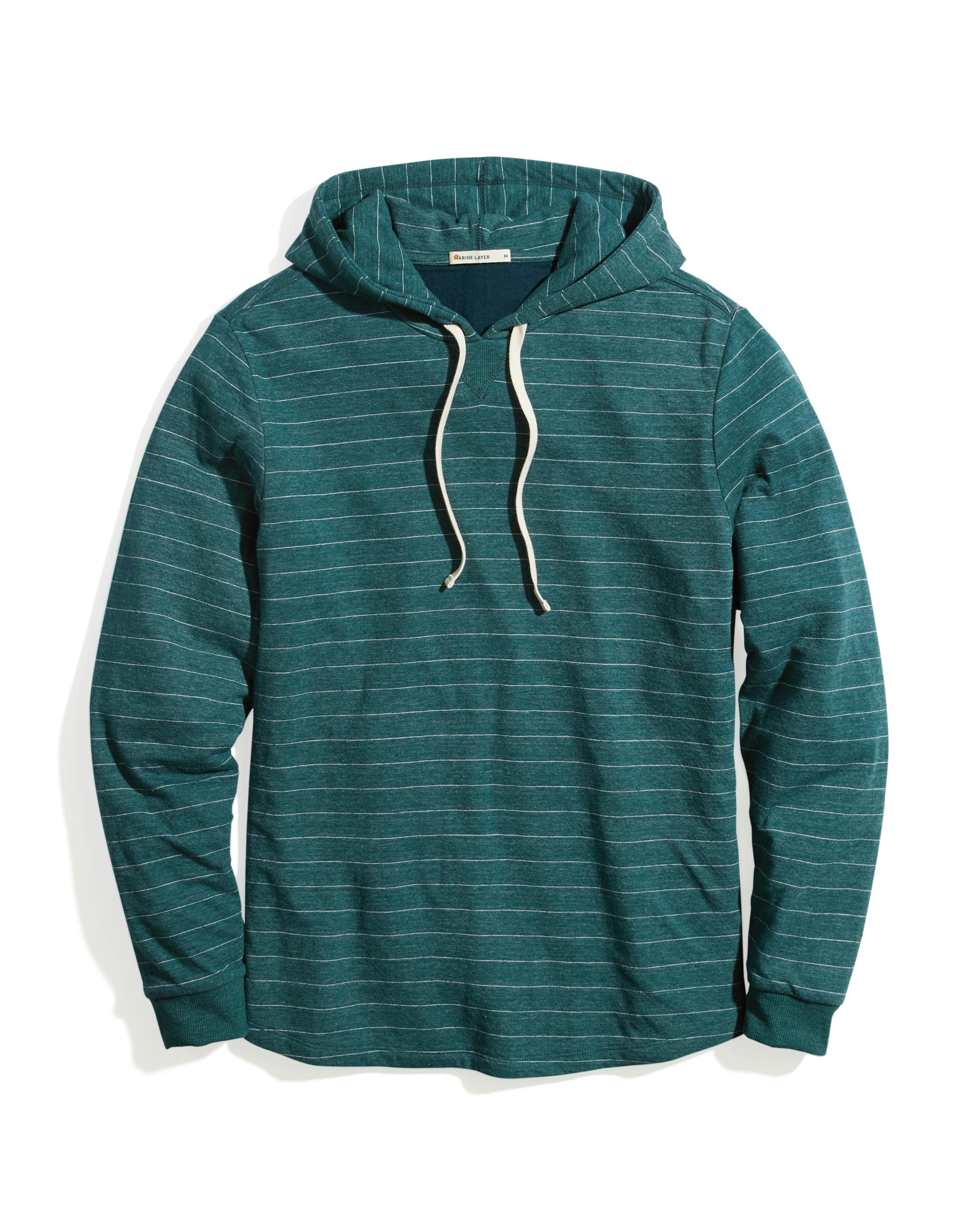 Marine Layer Double Knit Pullover Hoodie Pine Green/White Stripe