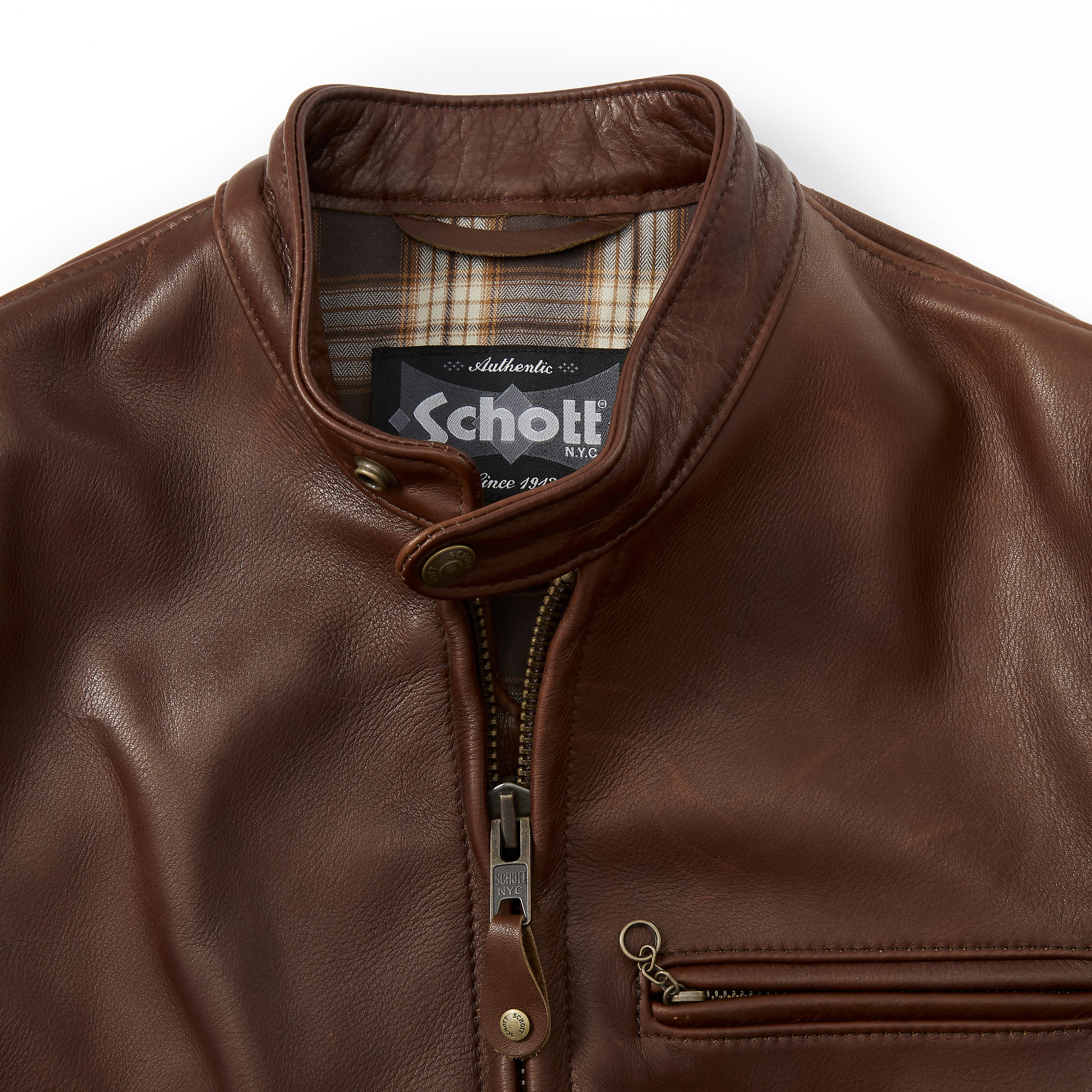 Schott Waxed Natural Pebbled Cowhide Cafe Leather Jacket - Brown