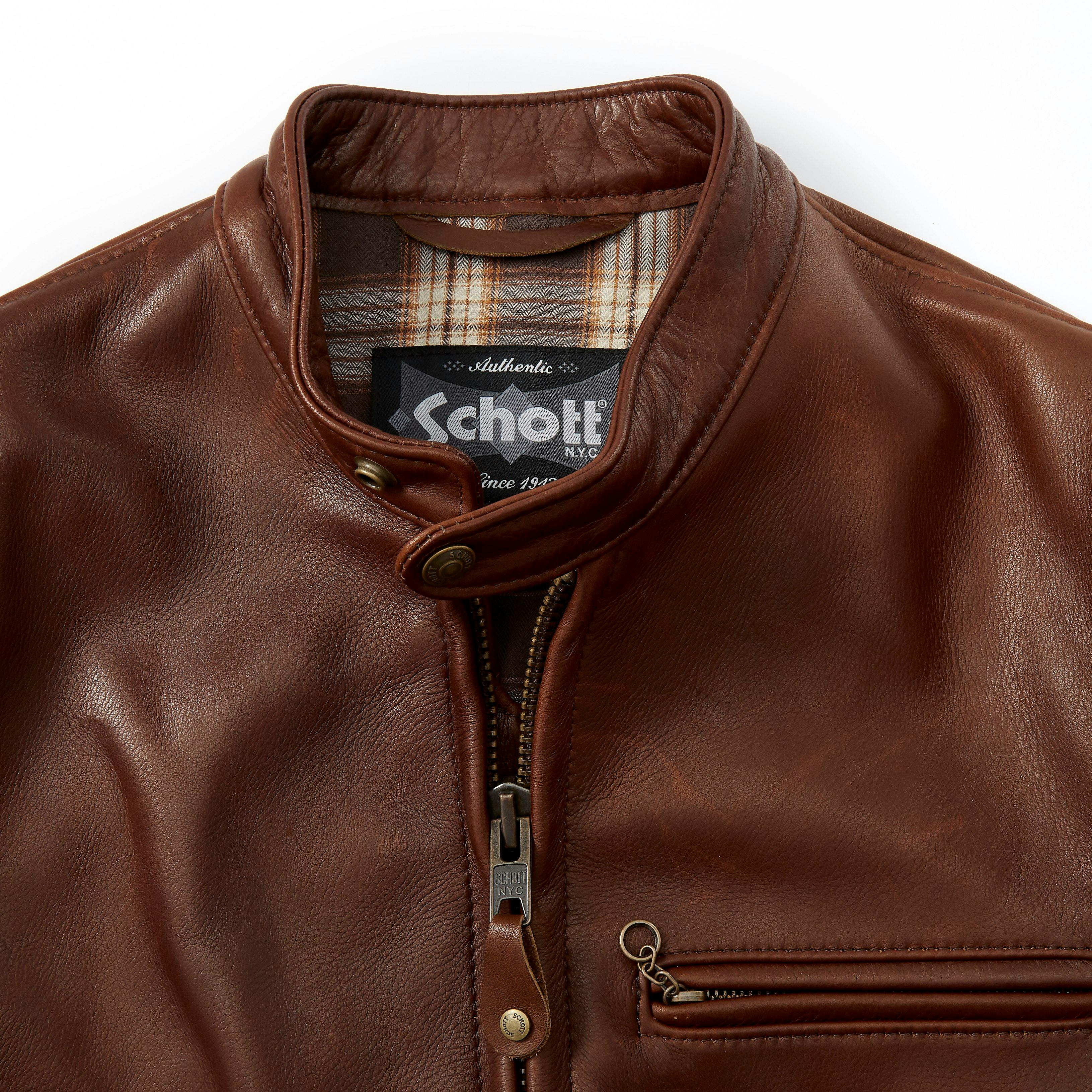 Schott NYC Waxed Natural Pebbled Cowhide Café Leather Jacket (530) - Men's  Clothing, Traditional Natural shouldered clothing, preppy apparel