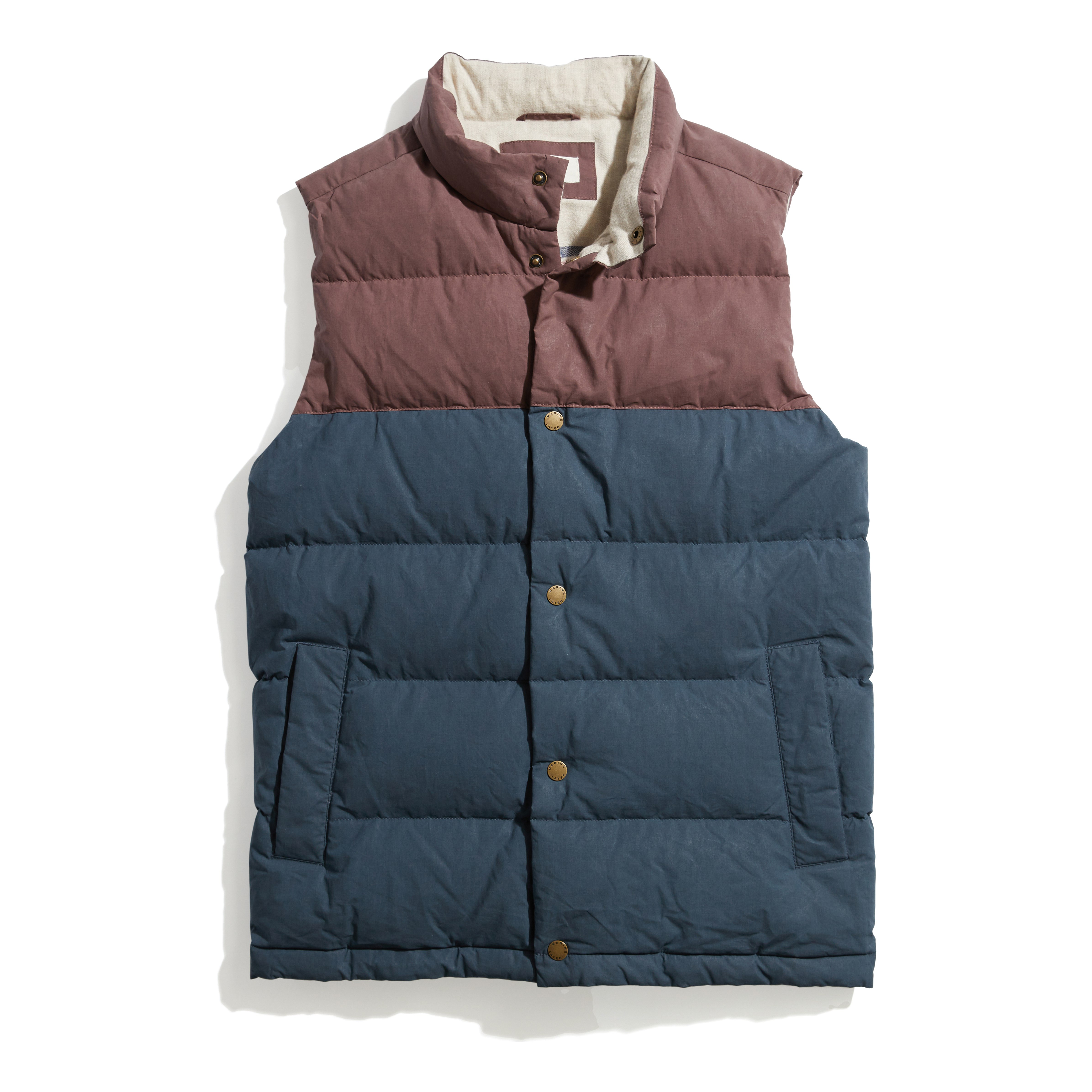 Marine Layer Flannel Lined Puffer Vest Peppercorn/Midnight Navy