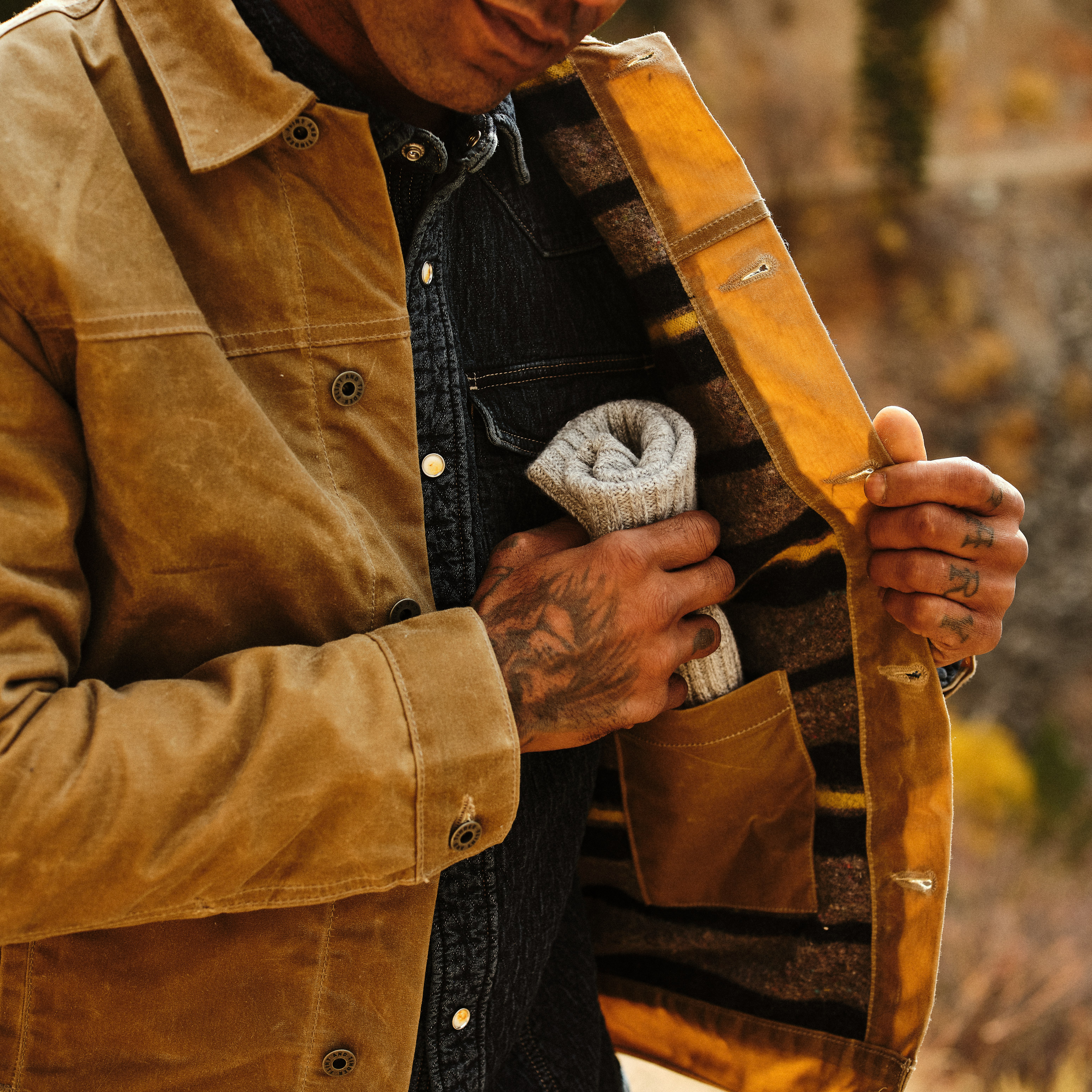 Flint and Tinder Wool-Lined Waxed Trucker Jacket - Field Tan