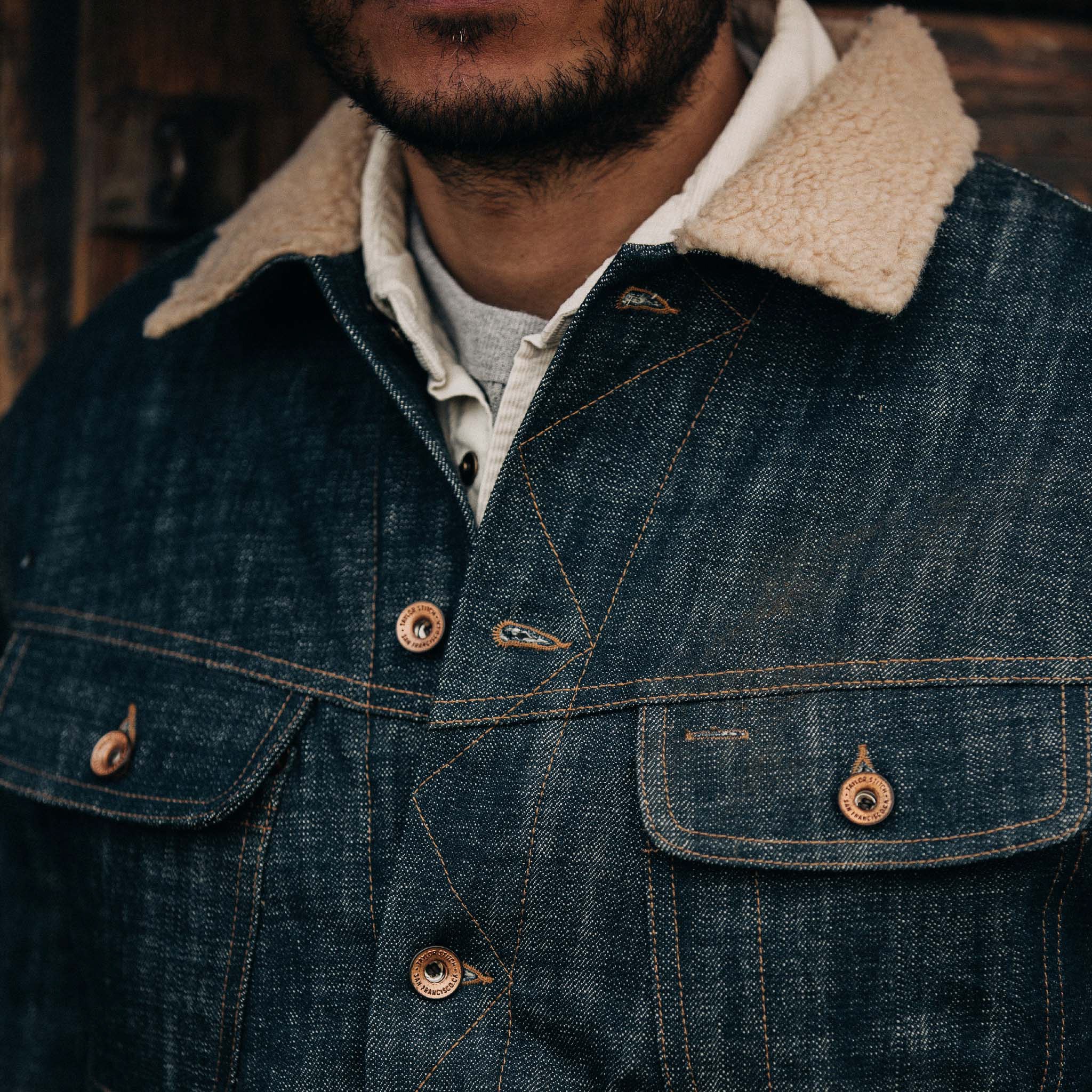 Taylor Stitch The Lined Long Haul Jacket in Green Cast Denim