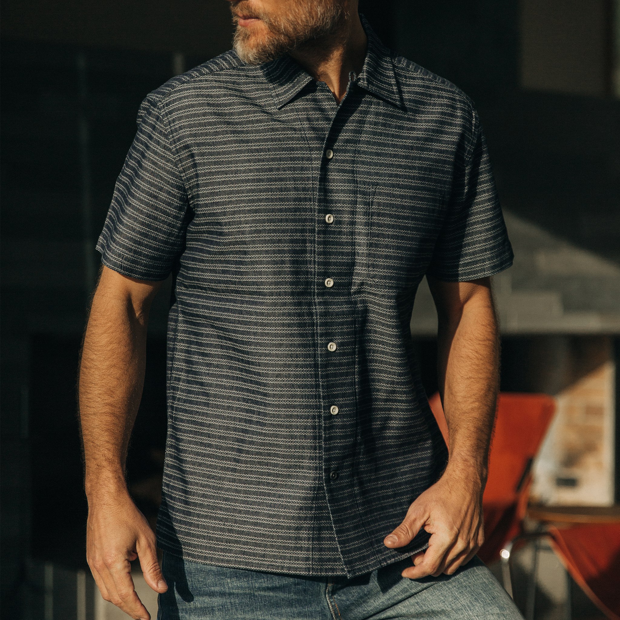 Taylor Stitch The Hawthorne Short Sleeve Shirt - Navy Dobby