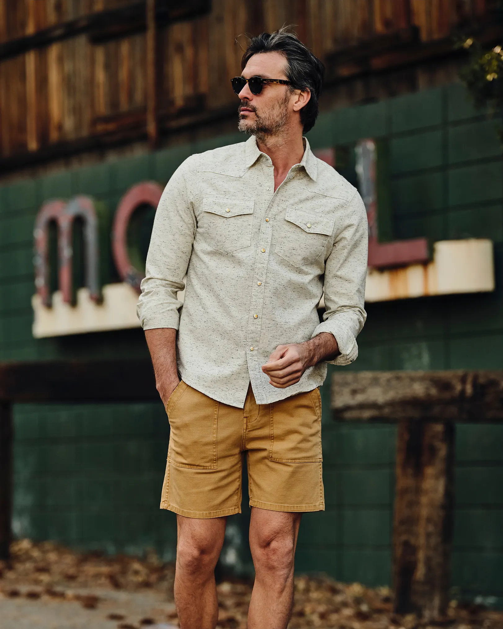 Flint and Tinder Bone Button Western Shirt Salt and Pepper