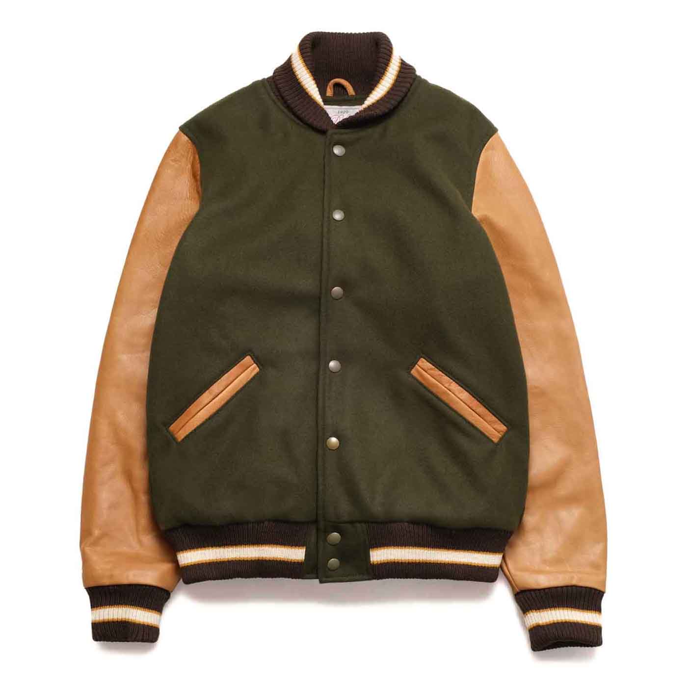 TEDMAN×DEL BOMBERS•THE WARRIORS&REALMOON Dehen 1920 Varsity Jacket - Olive Mix / Rust | Leather