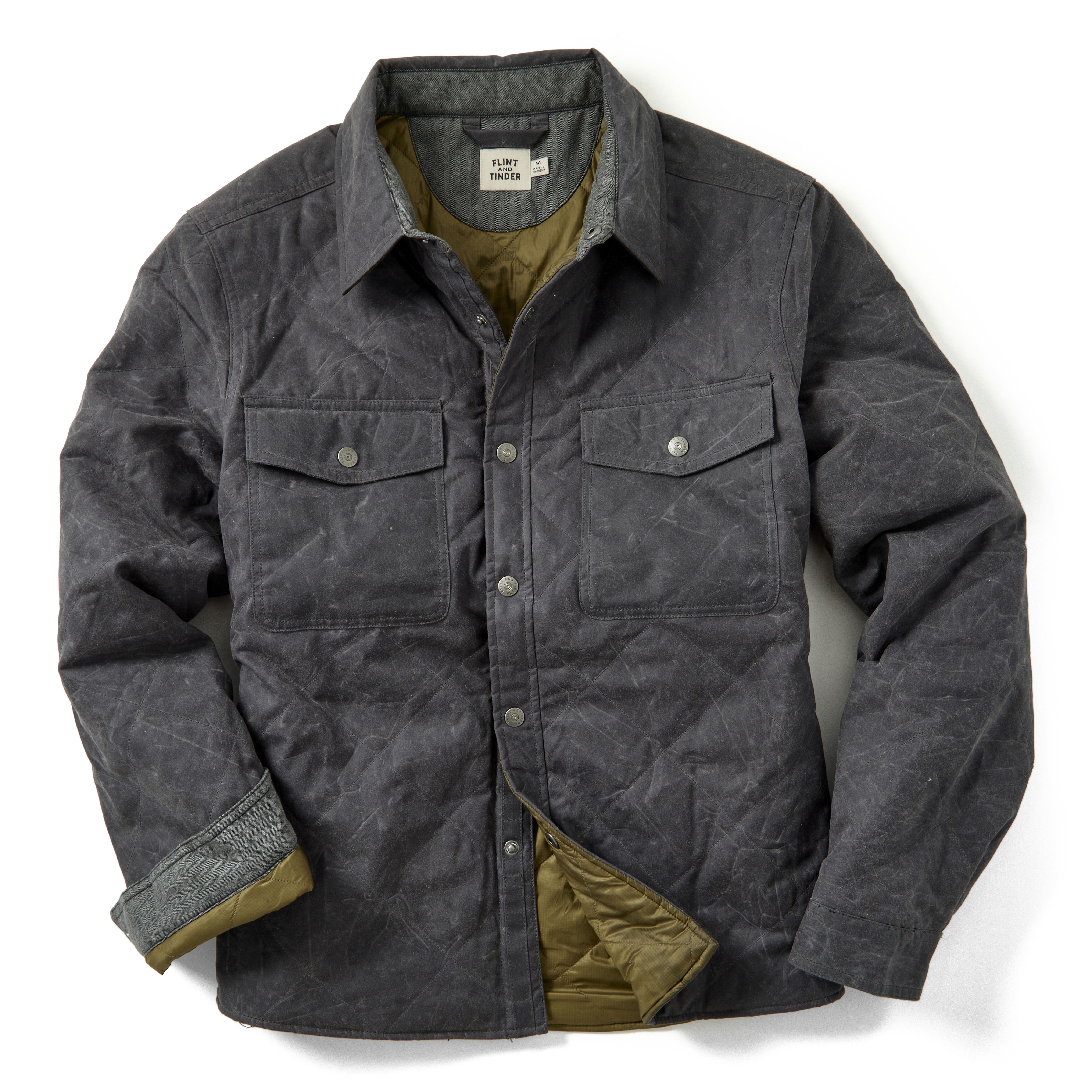 Flint and Tinder Quilted Waxed Shirt Jacket - Grey w/ Green lining