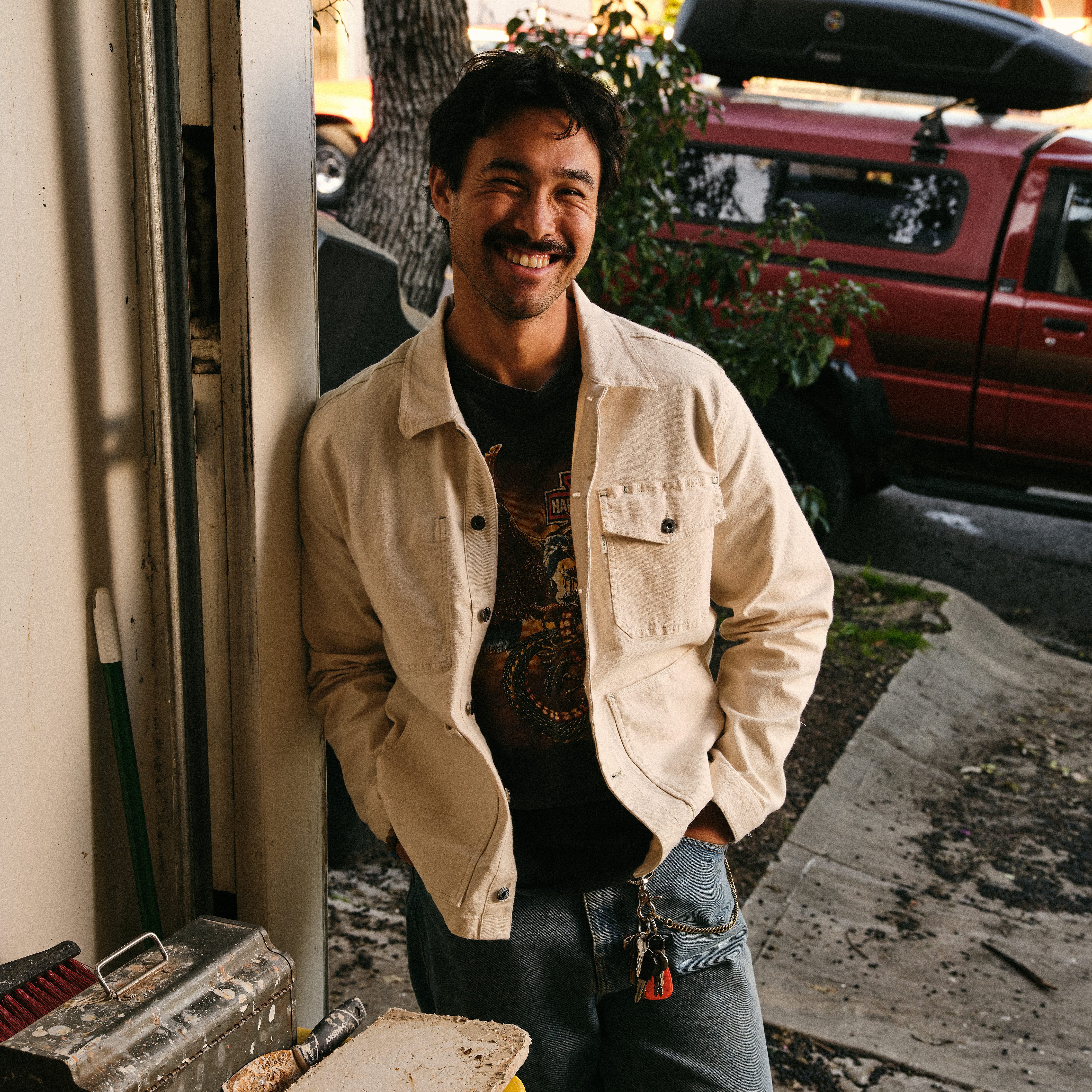 ジャケット・アウター CHECK EMBROIDERY NO COLLAR JACKET Wellen The Maker's Stretch Chore Jacket - Natural | Chore Coats