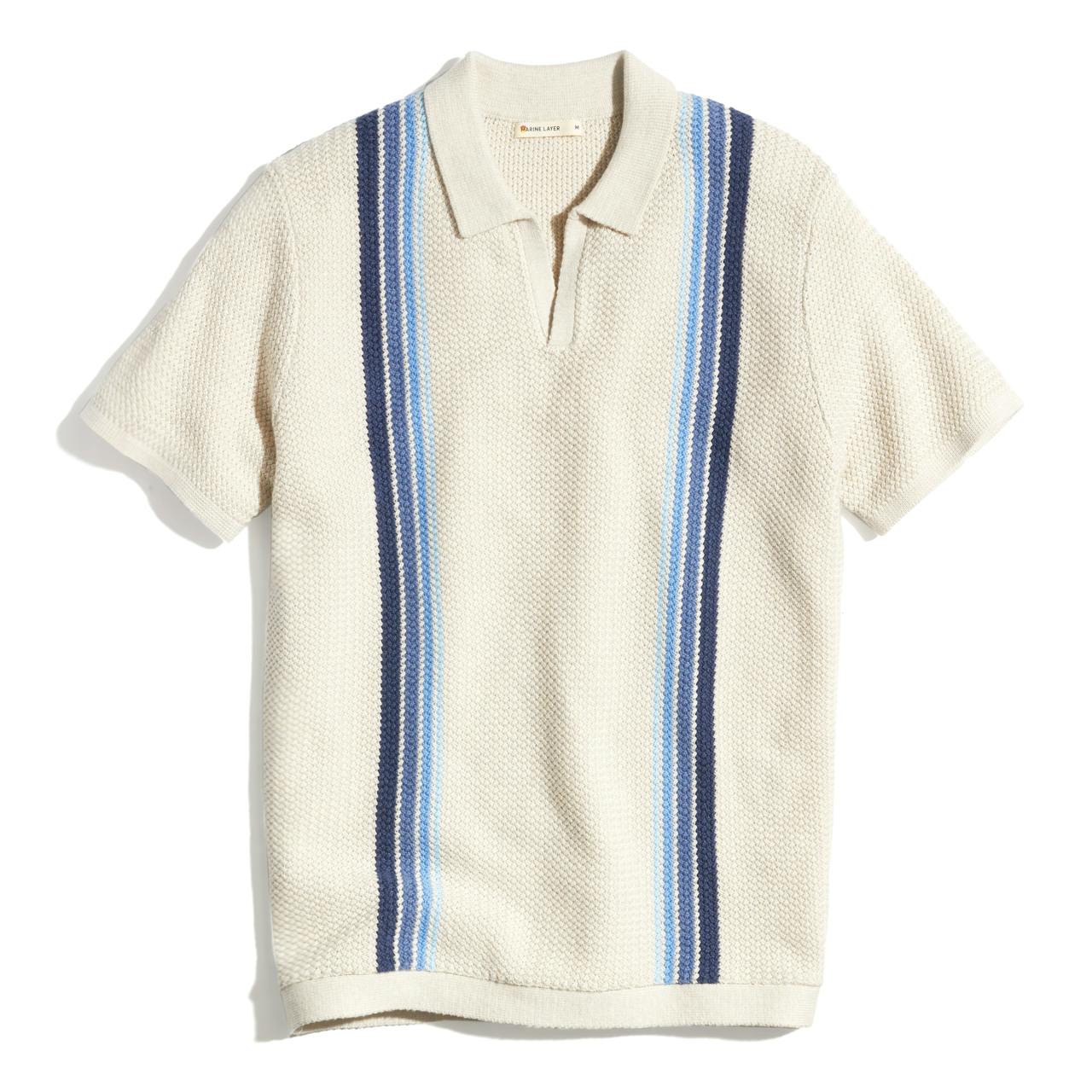 MARINE LAYER - Conrad Sweater Polo in Oatmeal Blue Stripe - $118