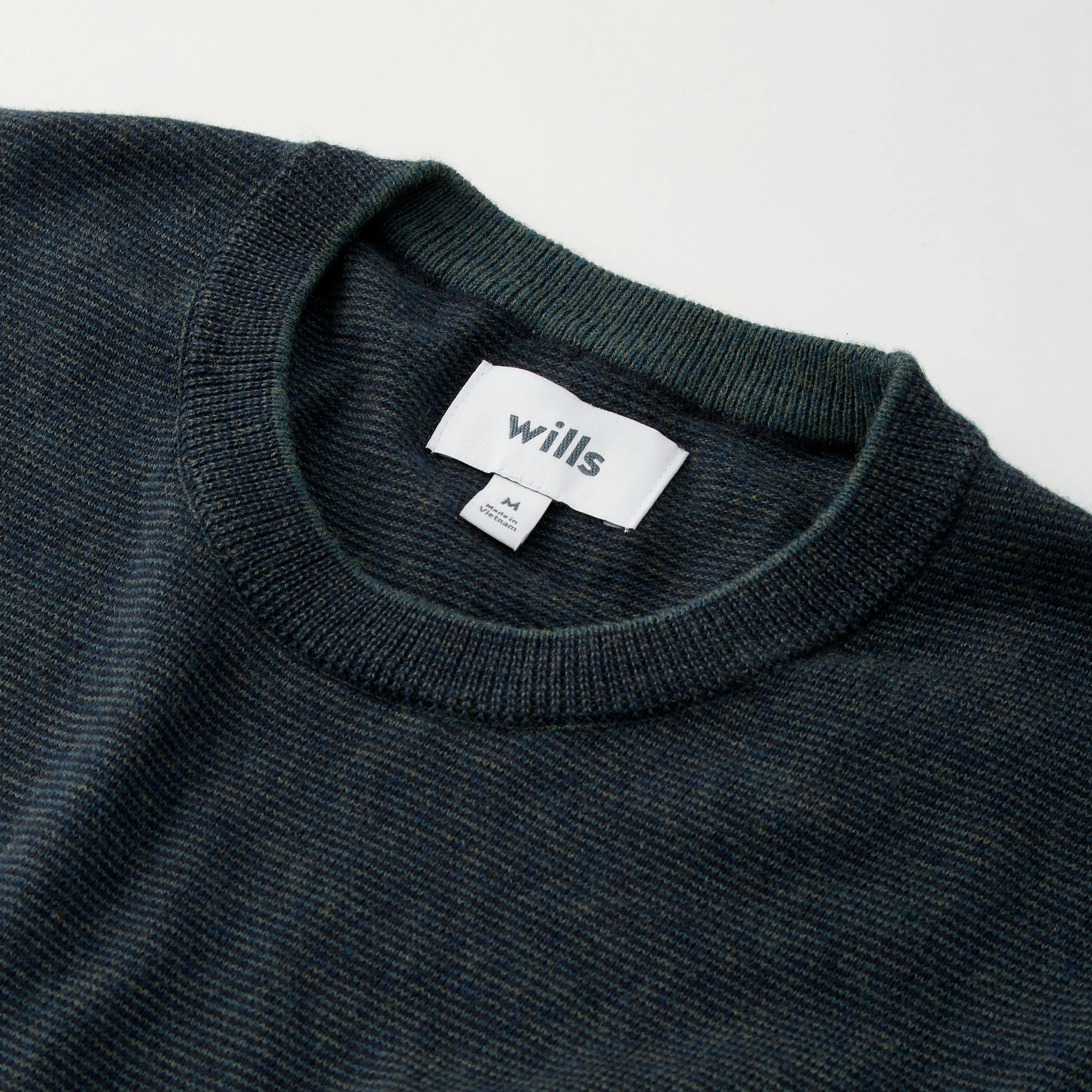 Wills Cotton Cashmere Crewneck Sweater - Green and Navy Micro
