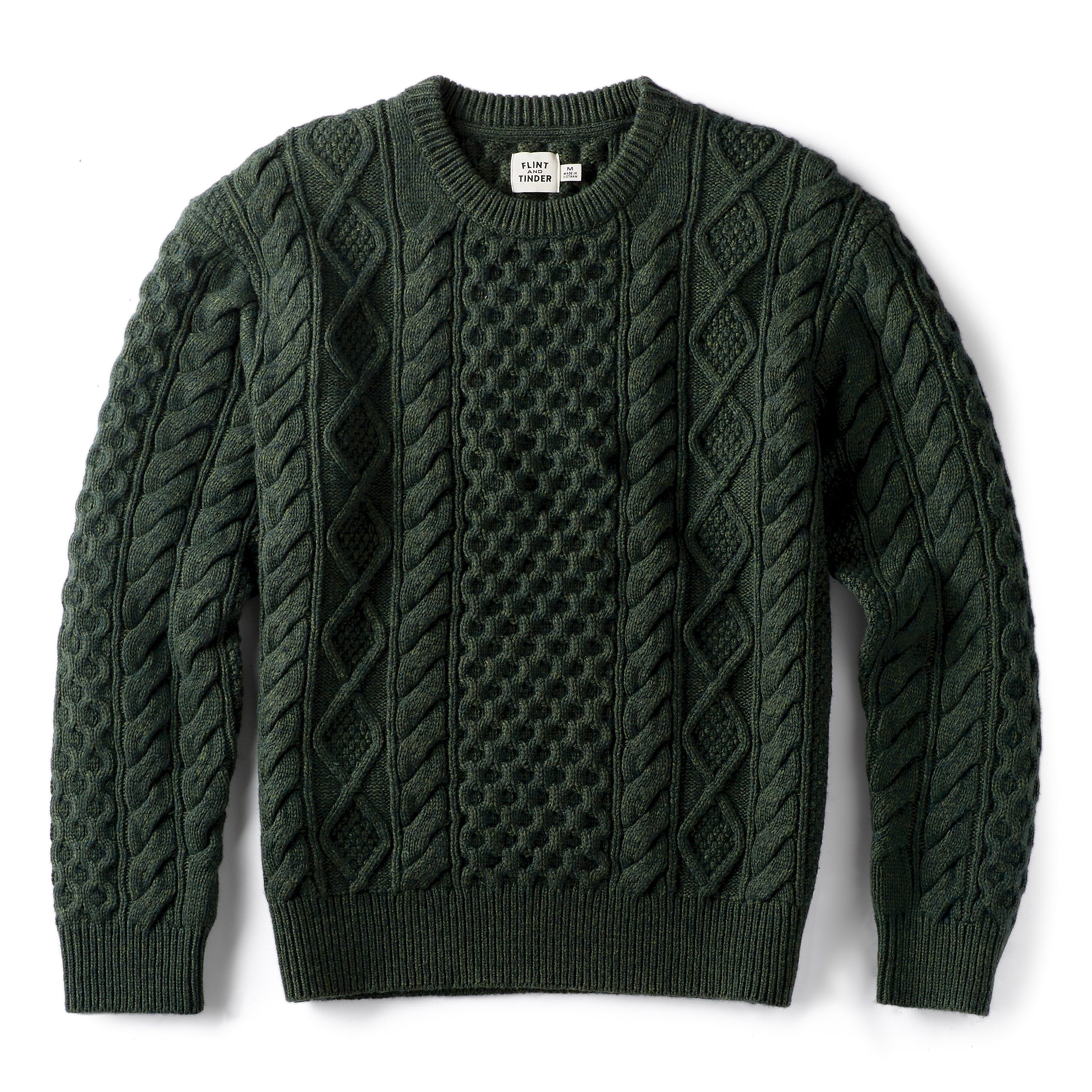 Flint and Tinder Aran Cable Knit Crewneck Sweater - Heather Pine