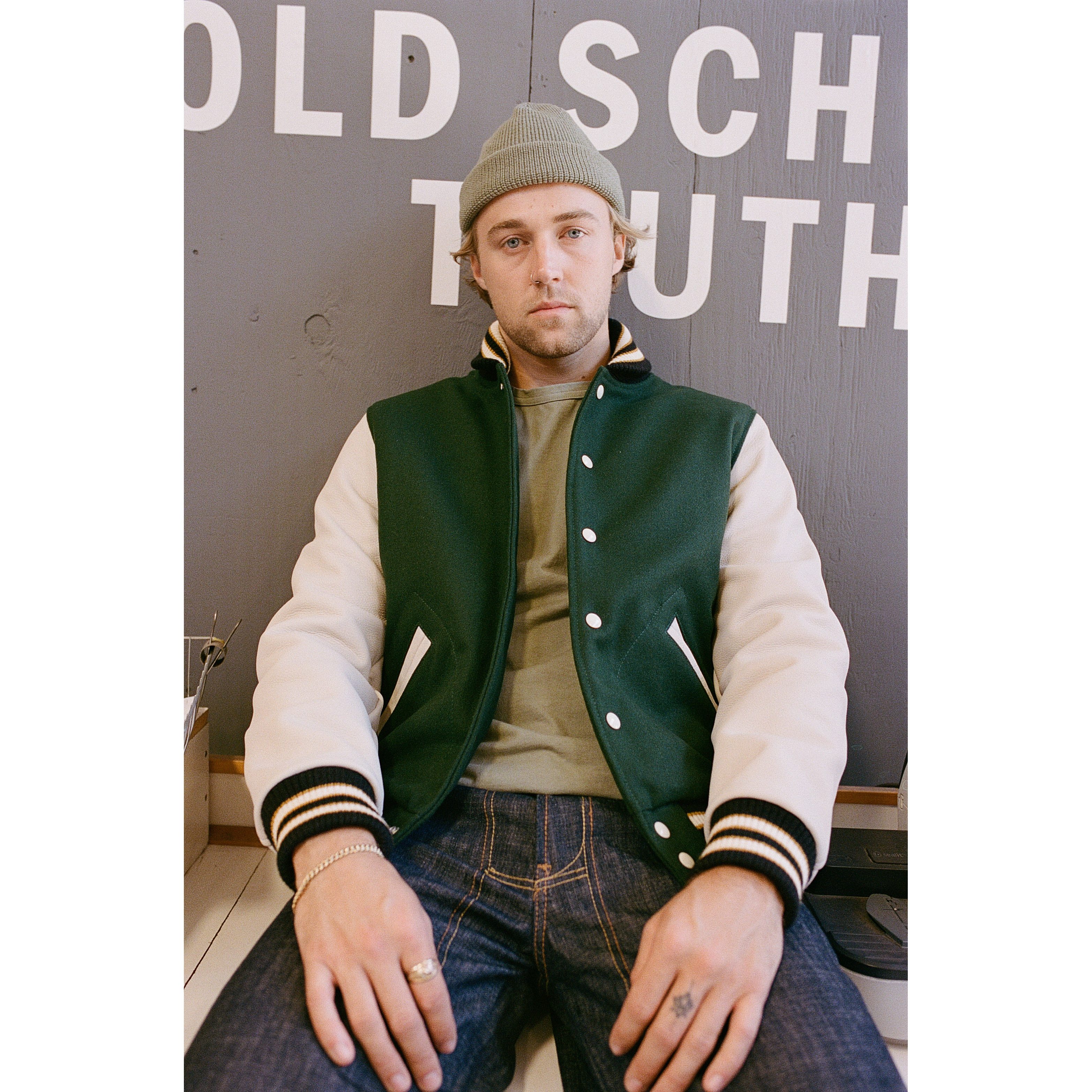 Dehen 1920 Leather and Wool-Blend Varsity Bomber Jacket - Pine