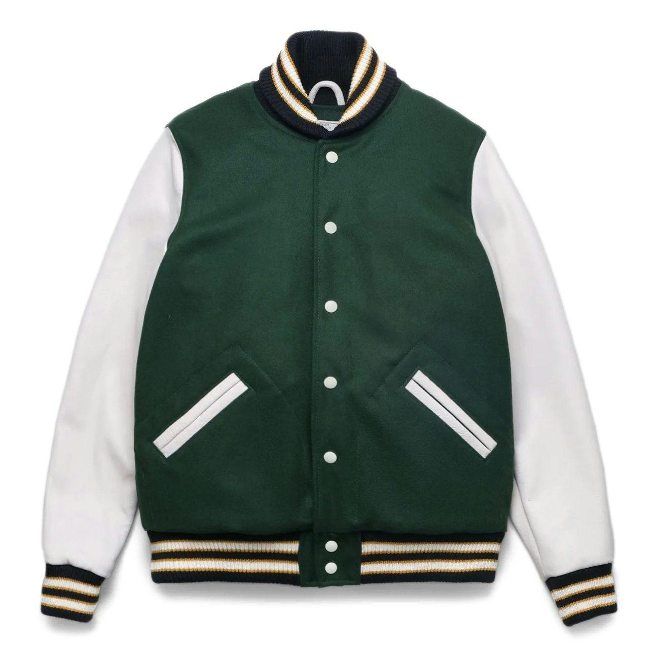 Dehen 1920 Leather and Wool-Blend Varsity Bomber Jacket - Pine