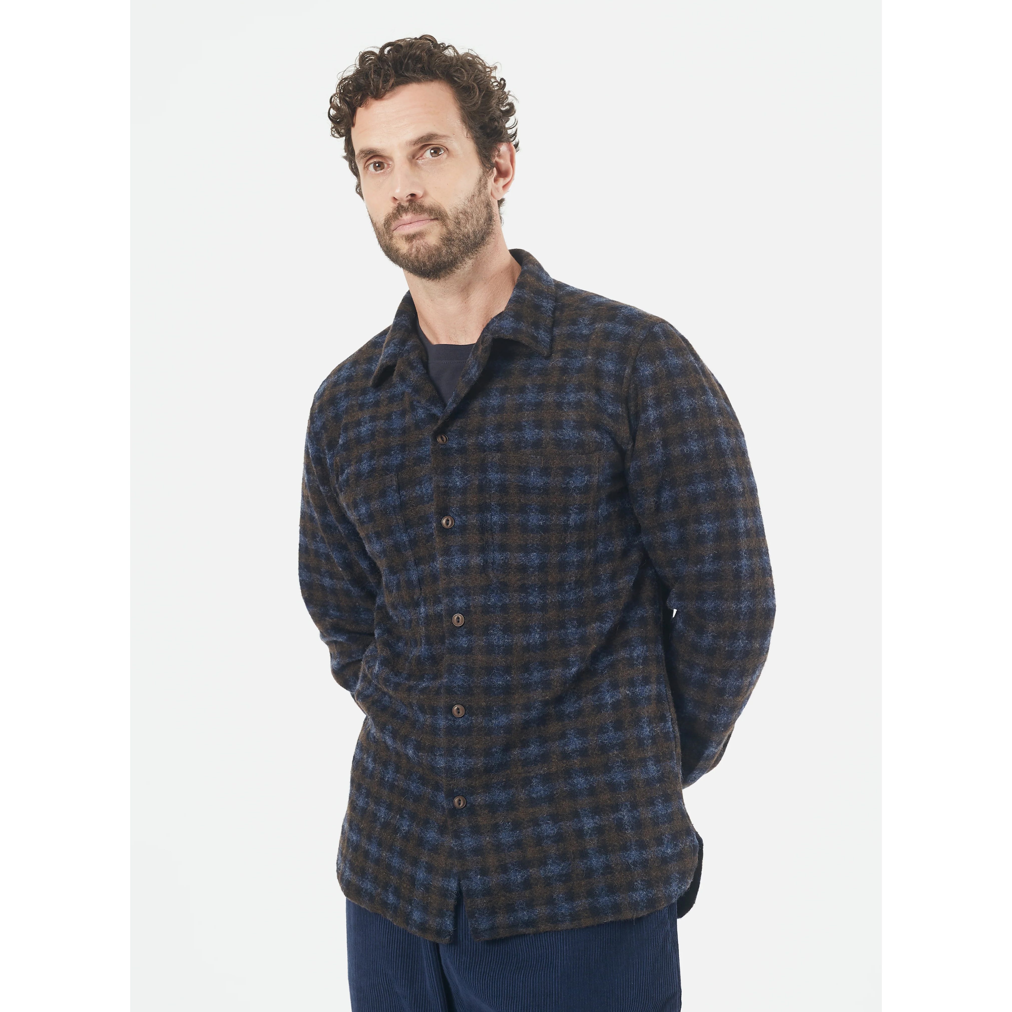 Universal Works Fleece Checkered Workshirt - Brown/Sky | Long