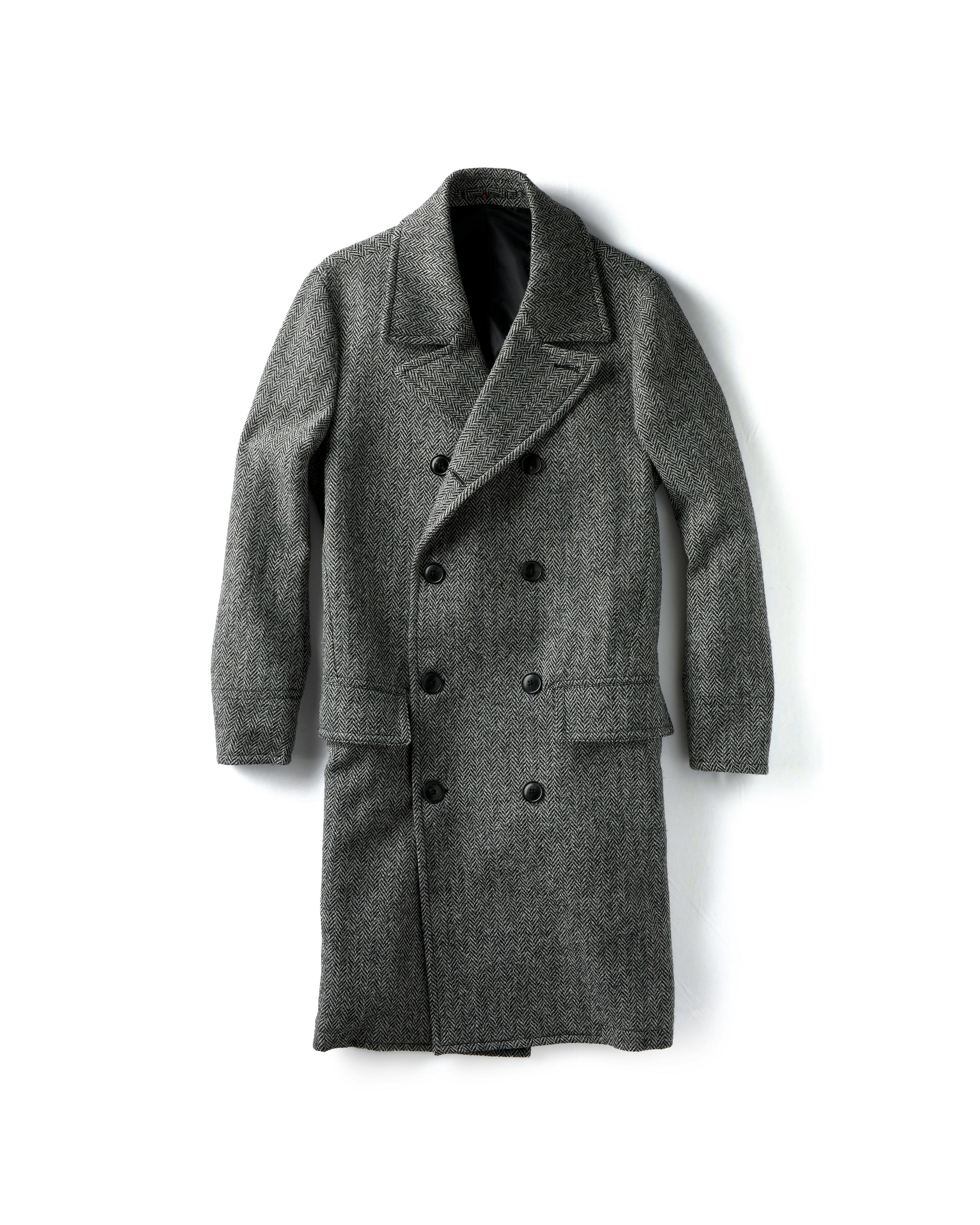 Rivay NYC Harris Tweed Herringbone Double Breasted Topcoat Grey