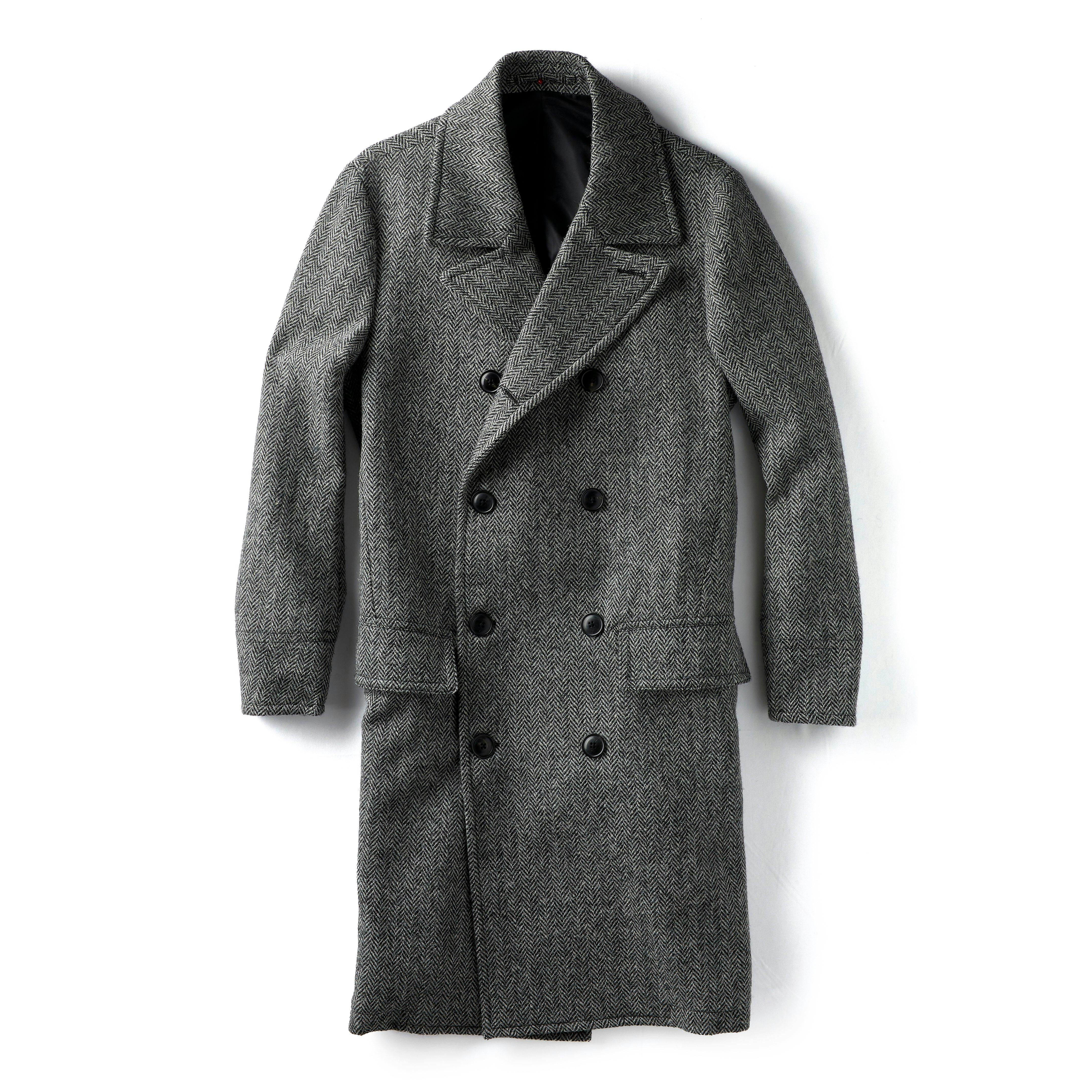 Herringbone Mens Suit Tweed Long Coat Overcoat Double Breasted