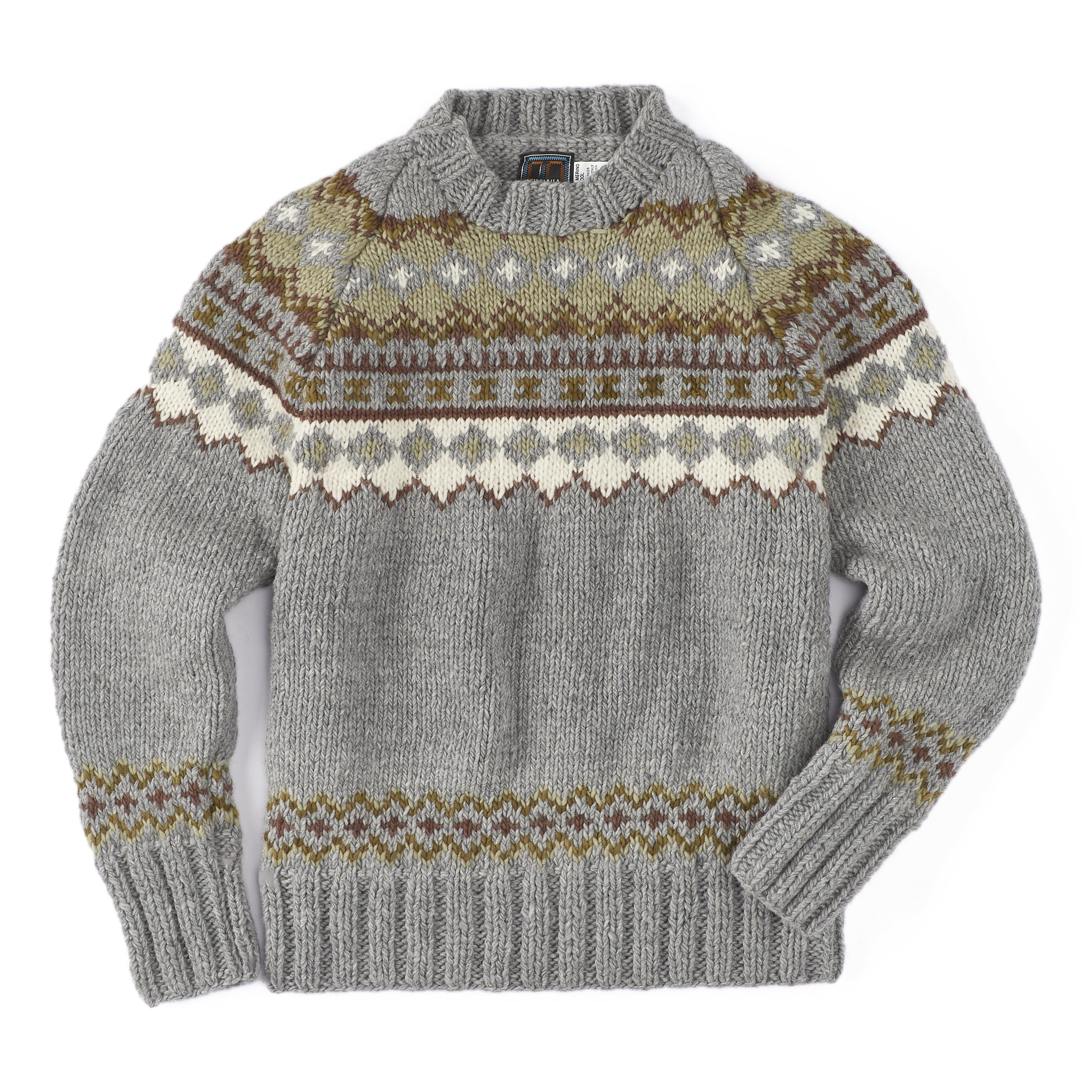 Chamula Handknit Fair Isle Merino Wool Sweater - Pearl Grey | Crew