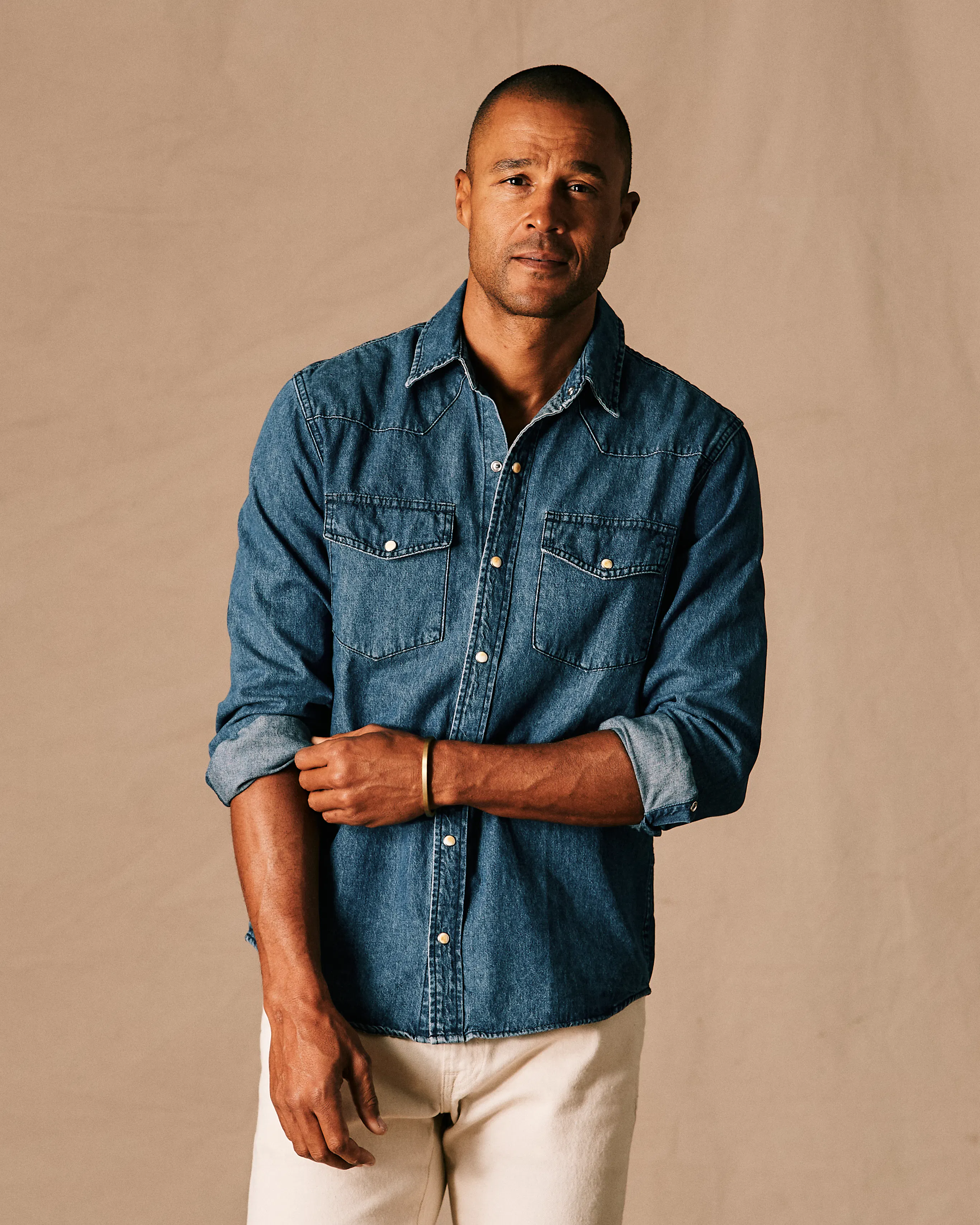 Men's Slim Fit Denim Shirt - Stone Wash Blue, Thick Cotton, Long Sleeve With Stud Buttons