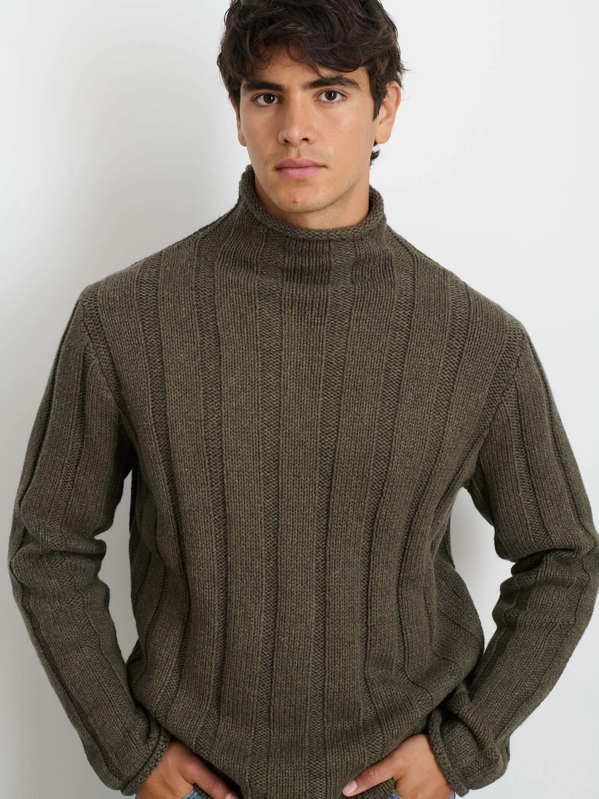 Alex Mill Ribbed Roll Neck Sweater - Heather Olive | Fisherman