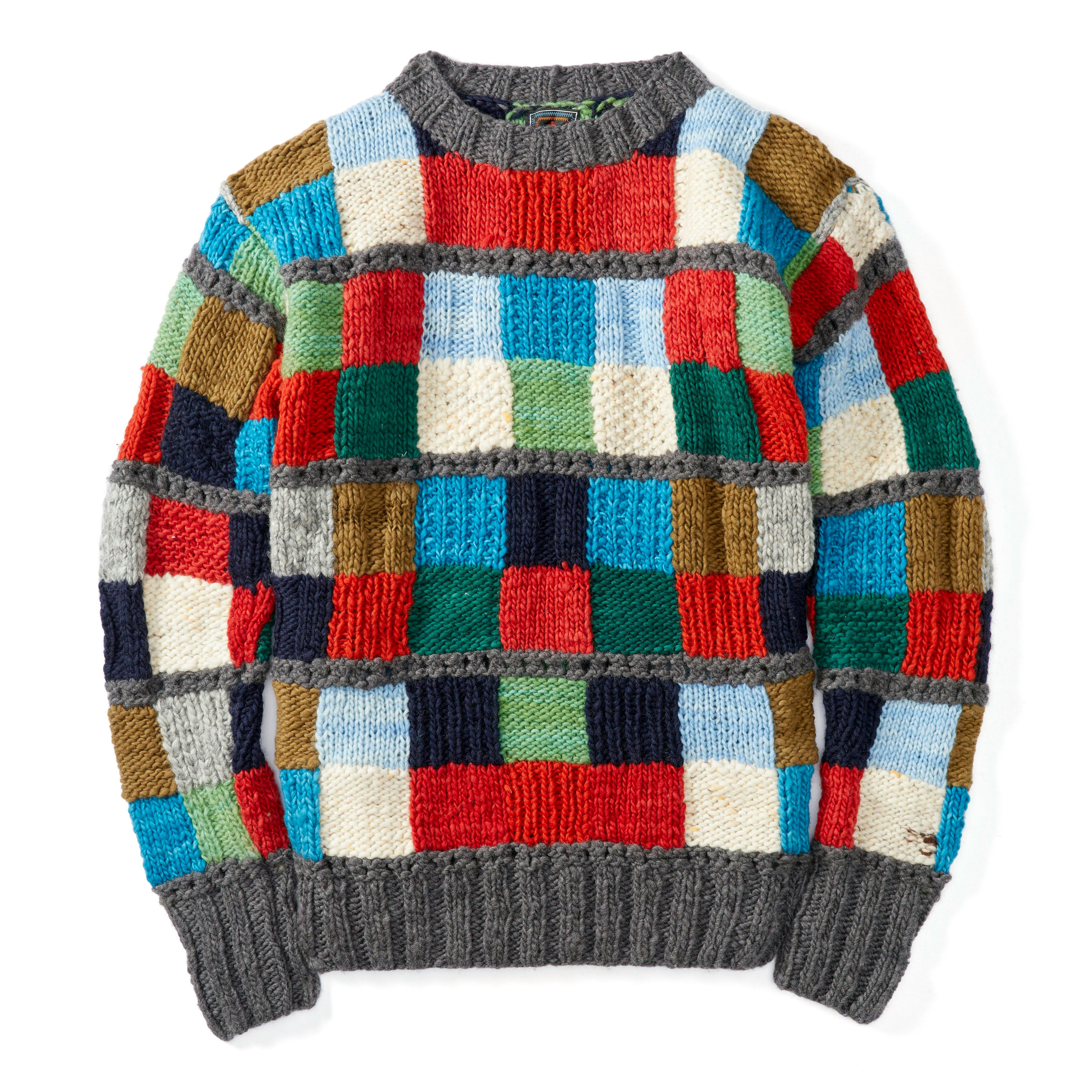 Chamula Hand-Knit Patchwork Merino Wool Sweater Grey Crew Neck