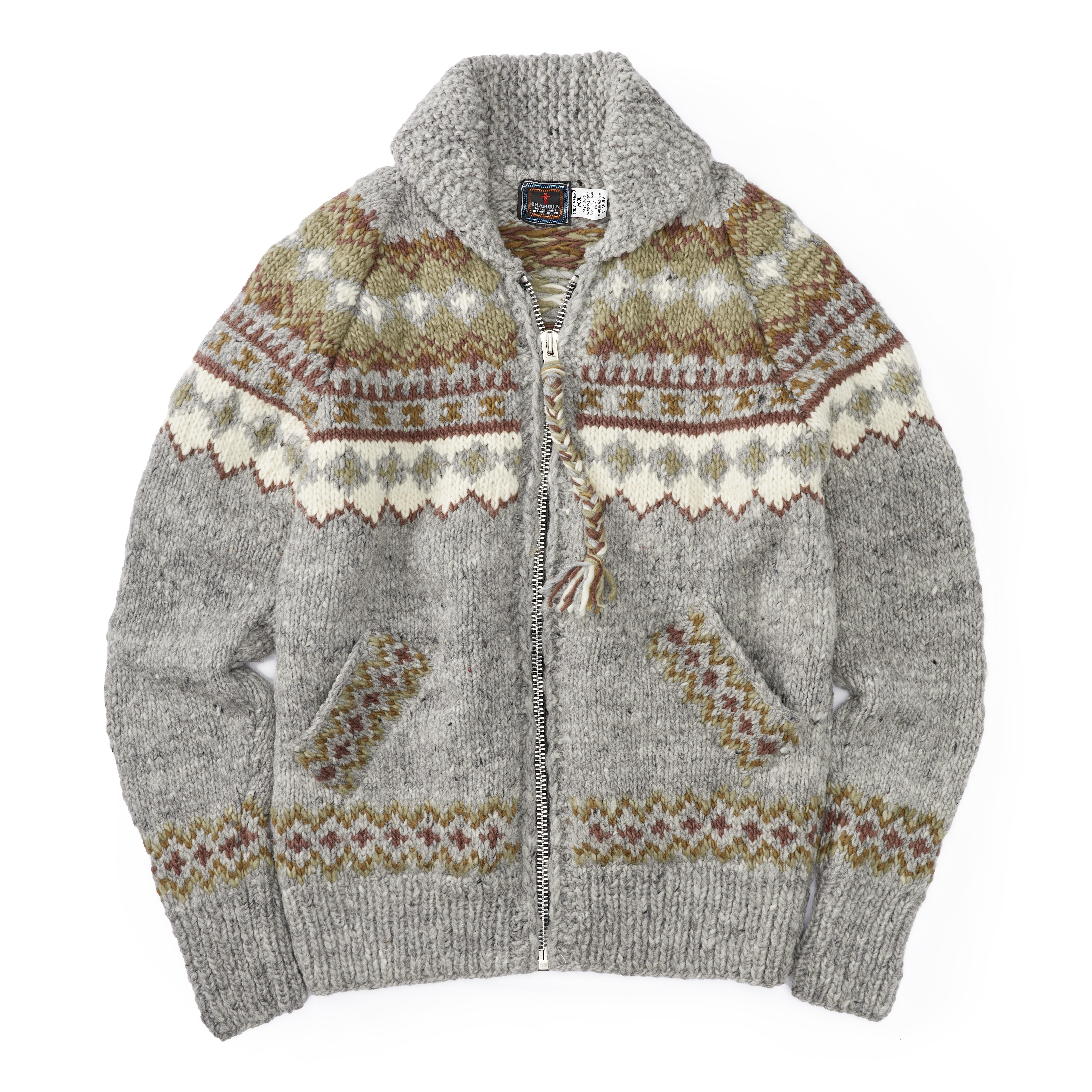 Chamula Hand-Knit Fair Isle Merino Cardigan Sweater Pearl Grey