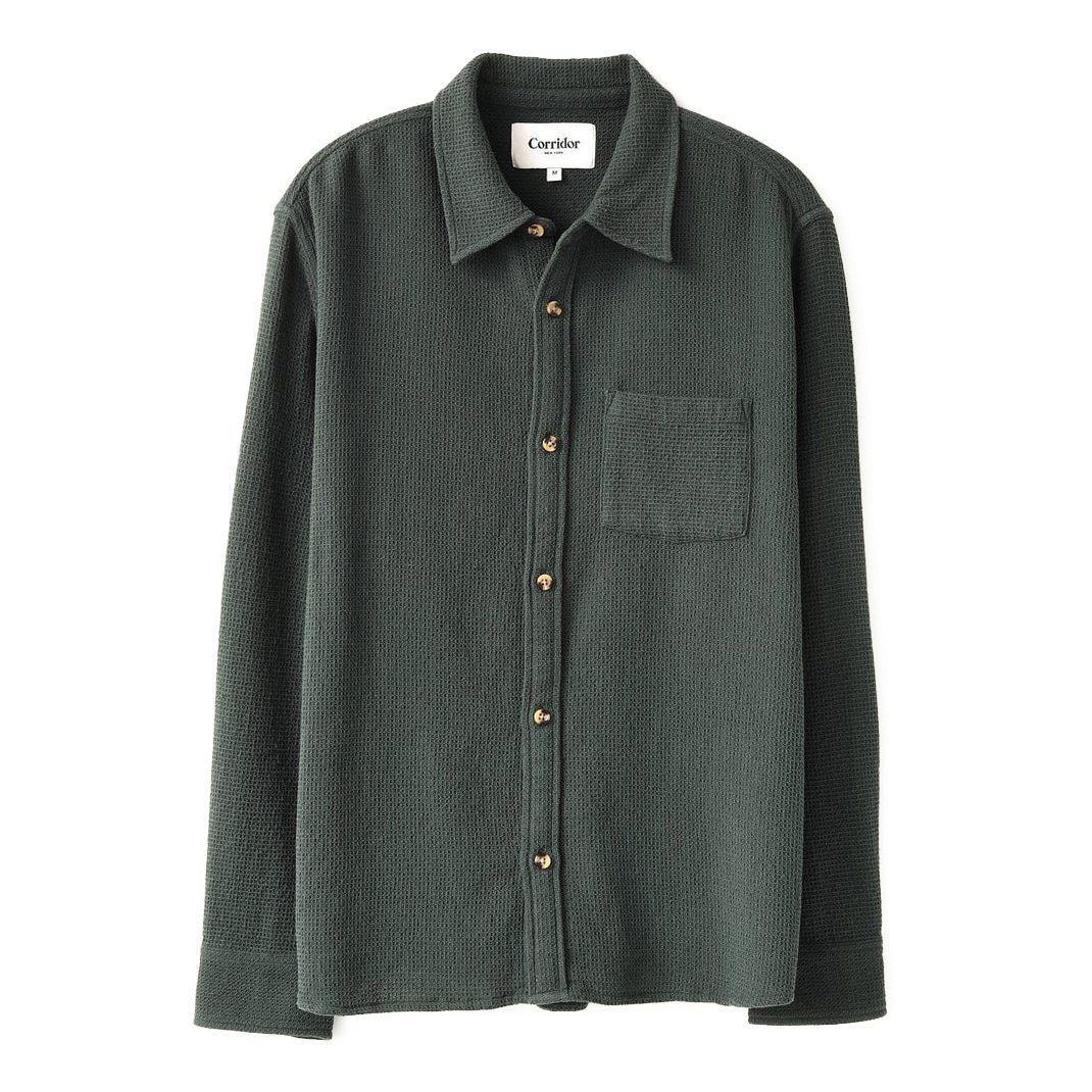 Waffle Long Sleeve Button Up Shirt Waffle Texture Button-Up Long