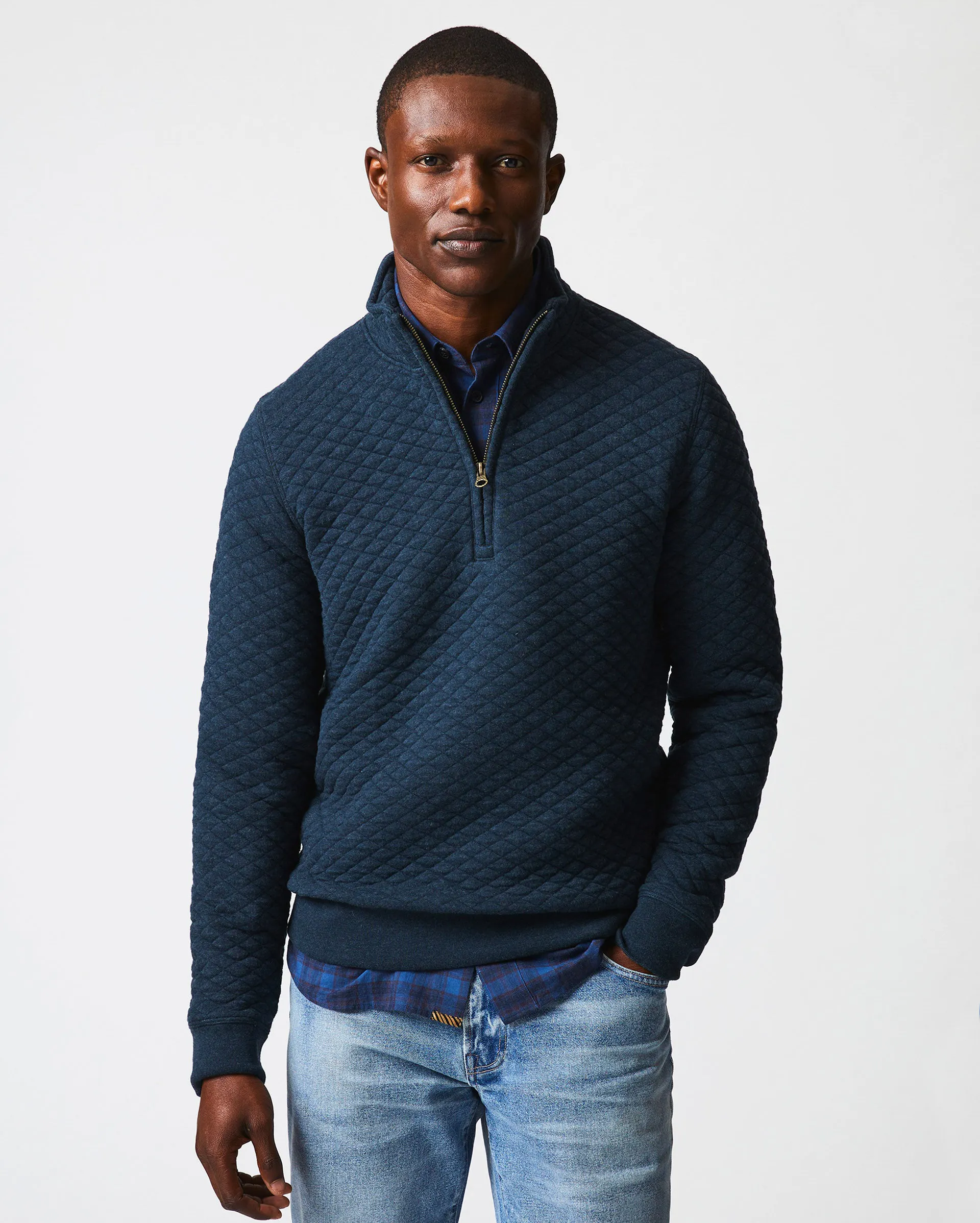 Billy Reid Diamond Quilted Half Zip Sweater - Carbon Blue