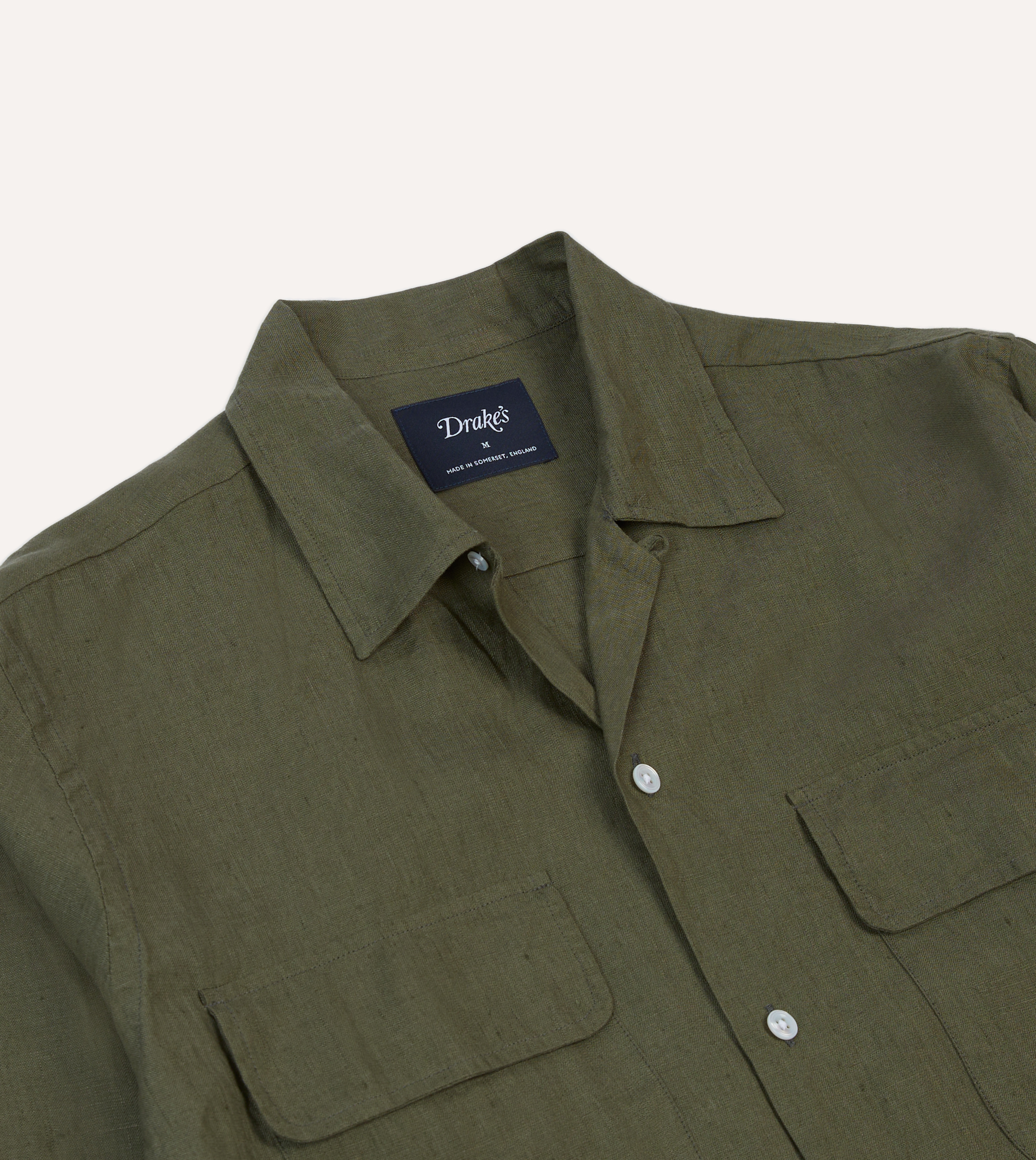 Drake's Linen Camp Collar Long Sleeve Shirt - Khaki Green | Long