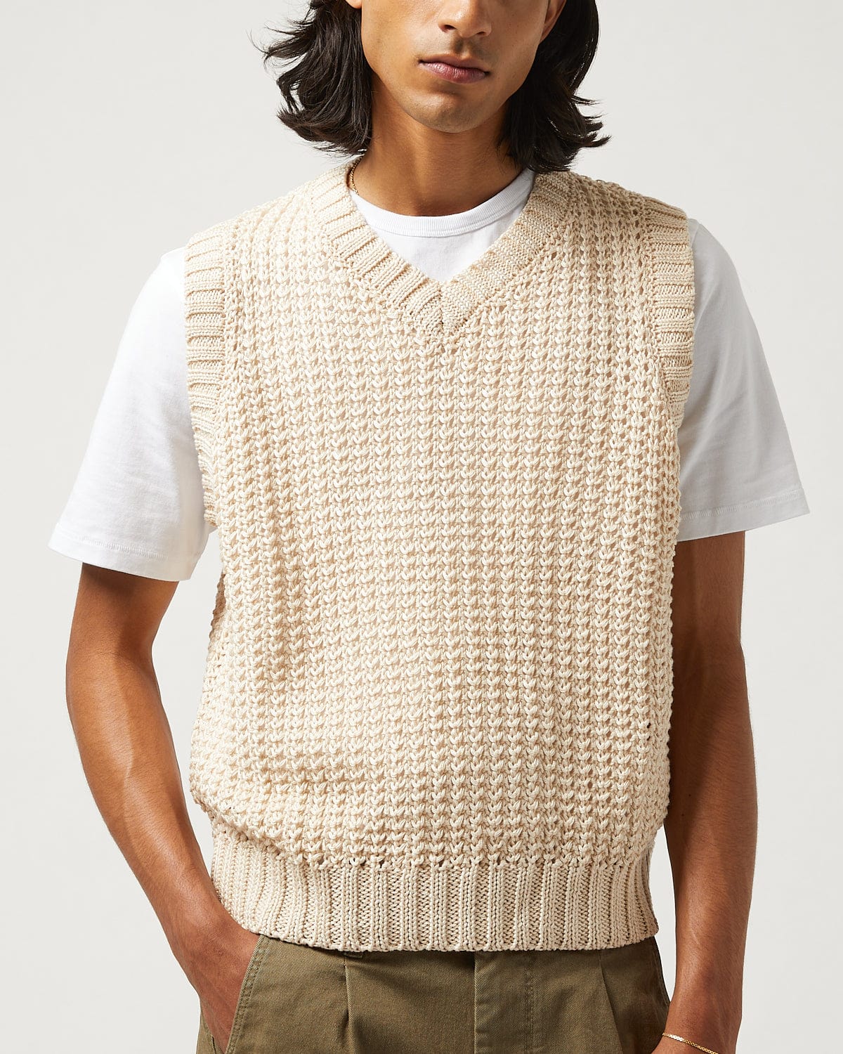 【SCENERITY】Collar Knit Vest Corridor Mercerized Pima Cotton Vest - Natural | Vests