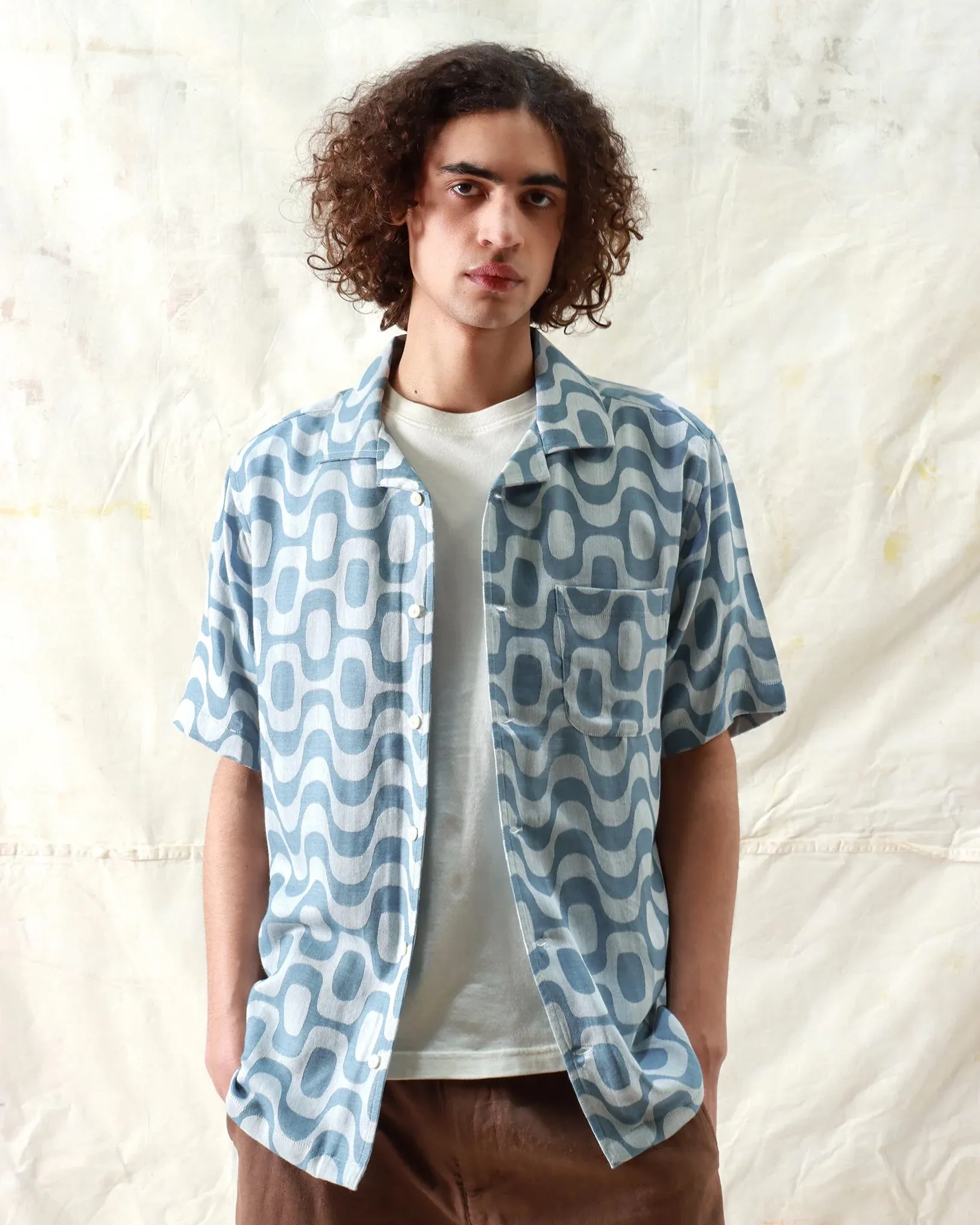 AG Adriano Goldschmied Men's Foster Short Sleeve Shirt - Ocean Blue Tie-Dye Camp Collar