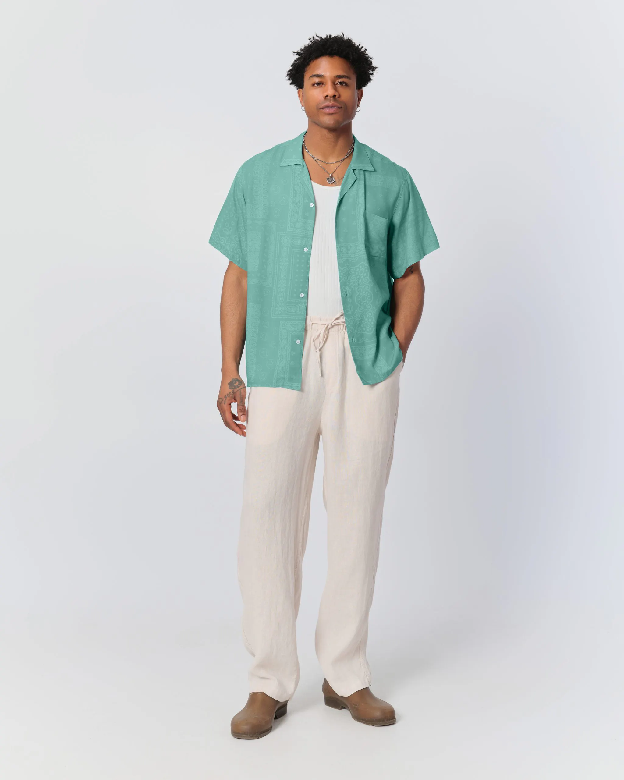 Bather Trunk Co. Beach Camp Collar Short Sleeve Shirt - Teal Tonal