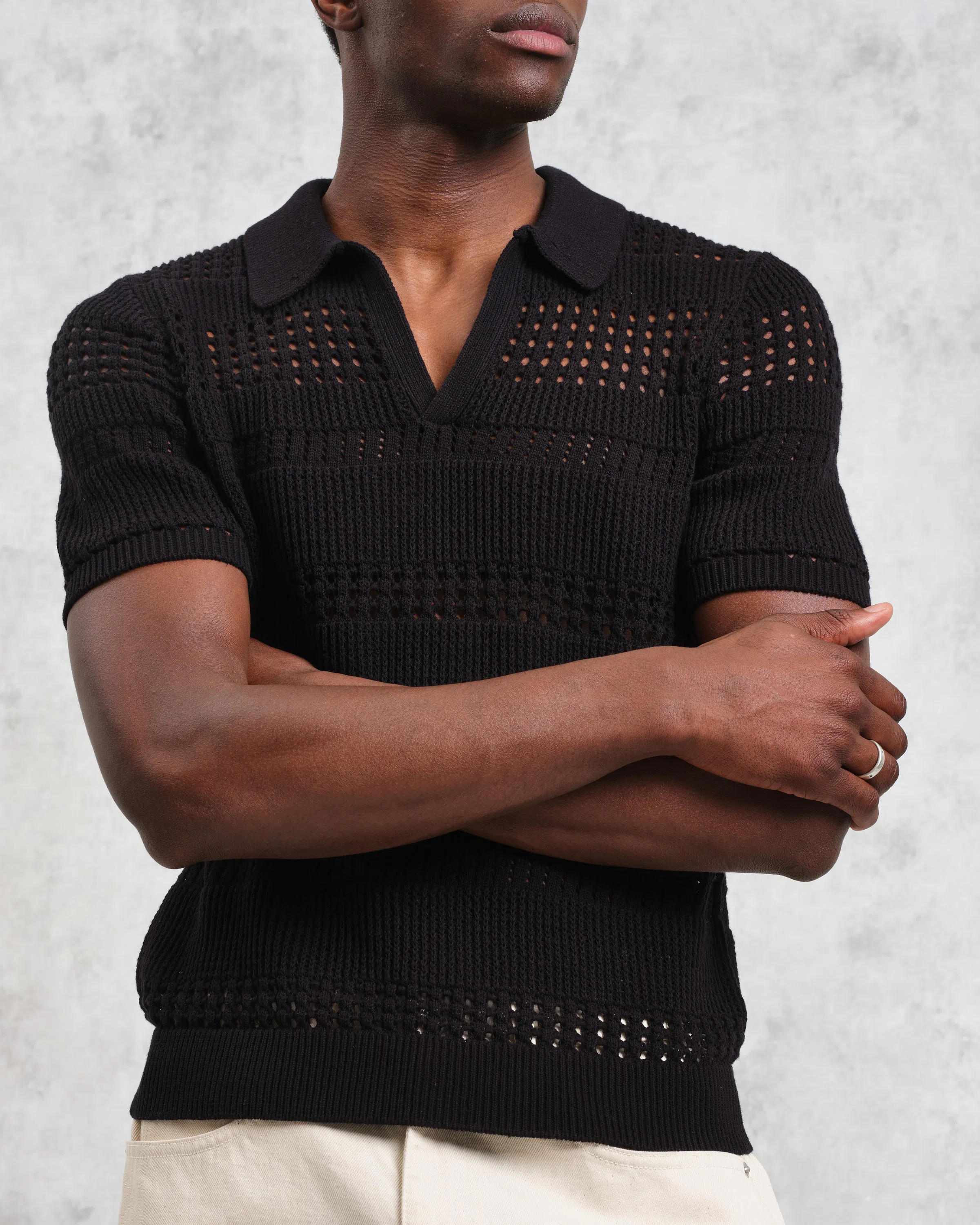Wax London Siena Open Knit Polo - Black | Sweater Polos | Huckberry
