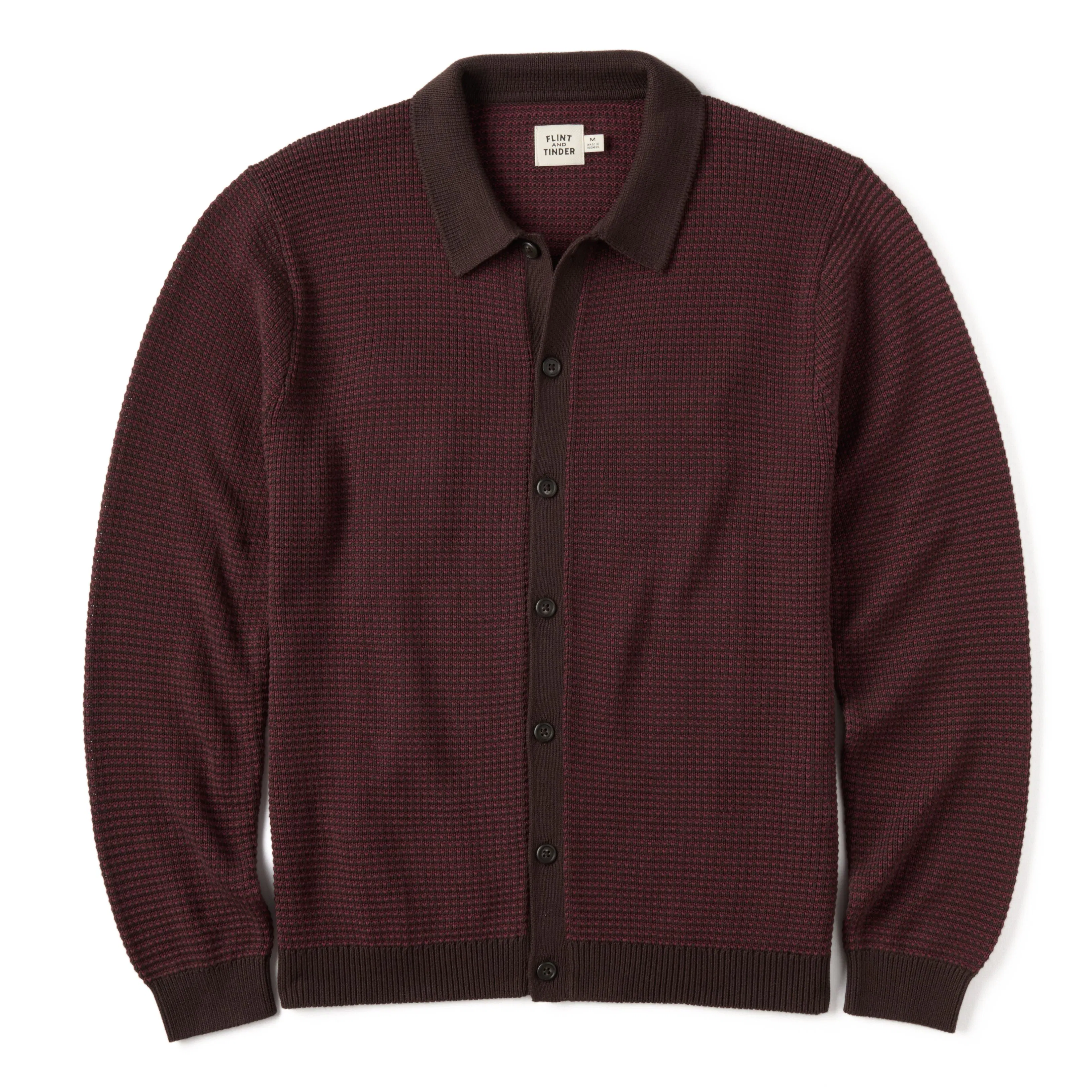 Flint and Tinder Birdseye Cotton Polo Cardigan - Black Coffee
