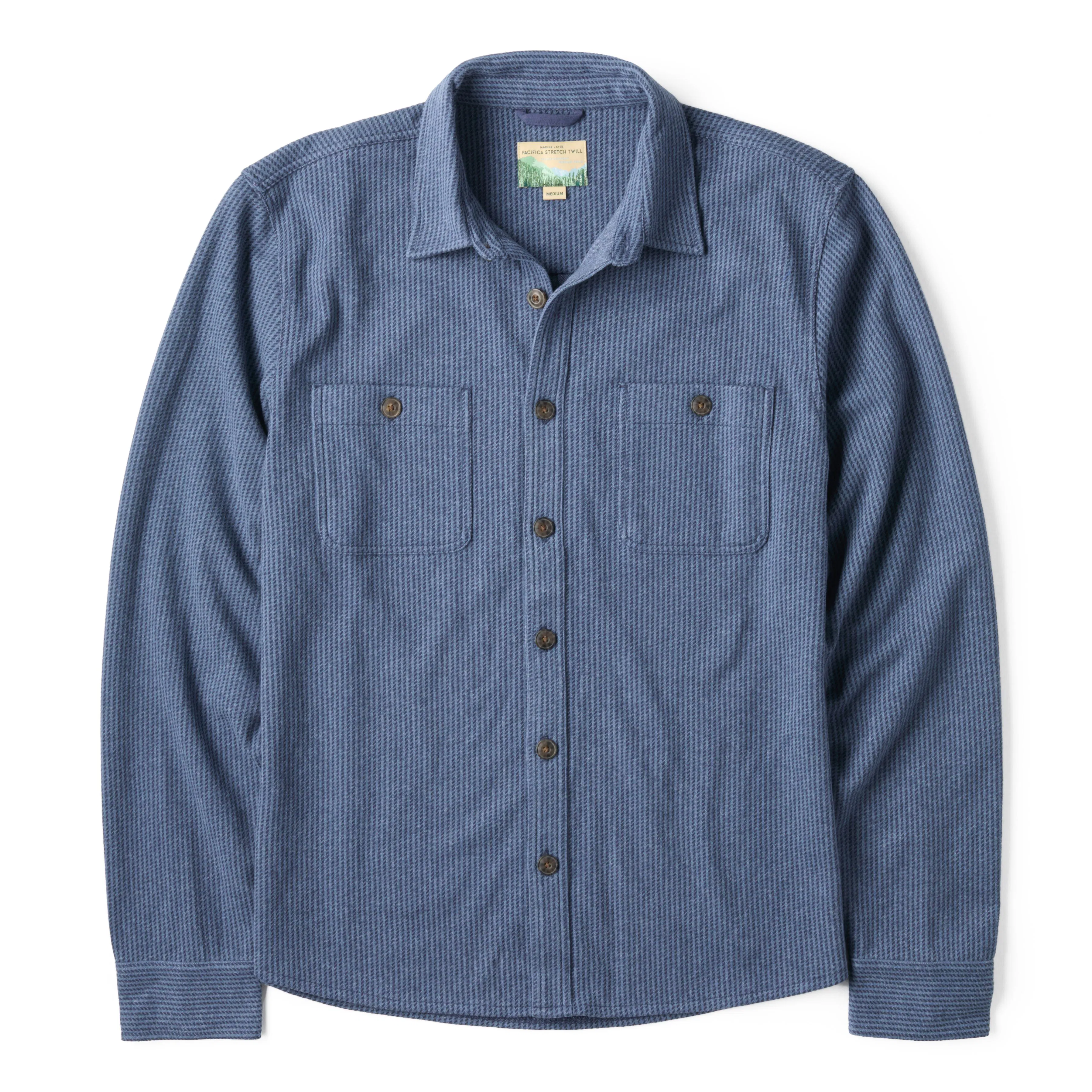 Marine Layer Pacifica Stretch Twill Shirt - Blue Railroad Stripe