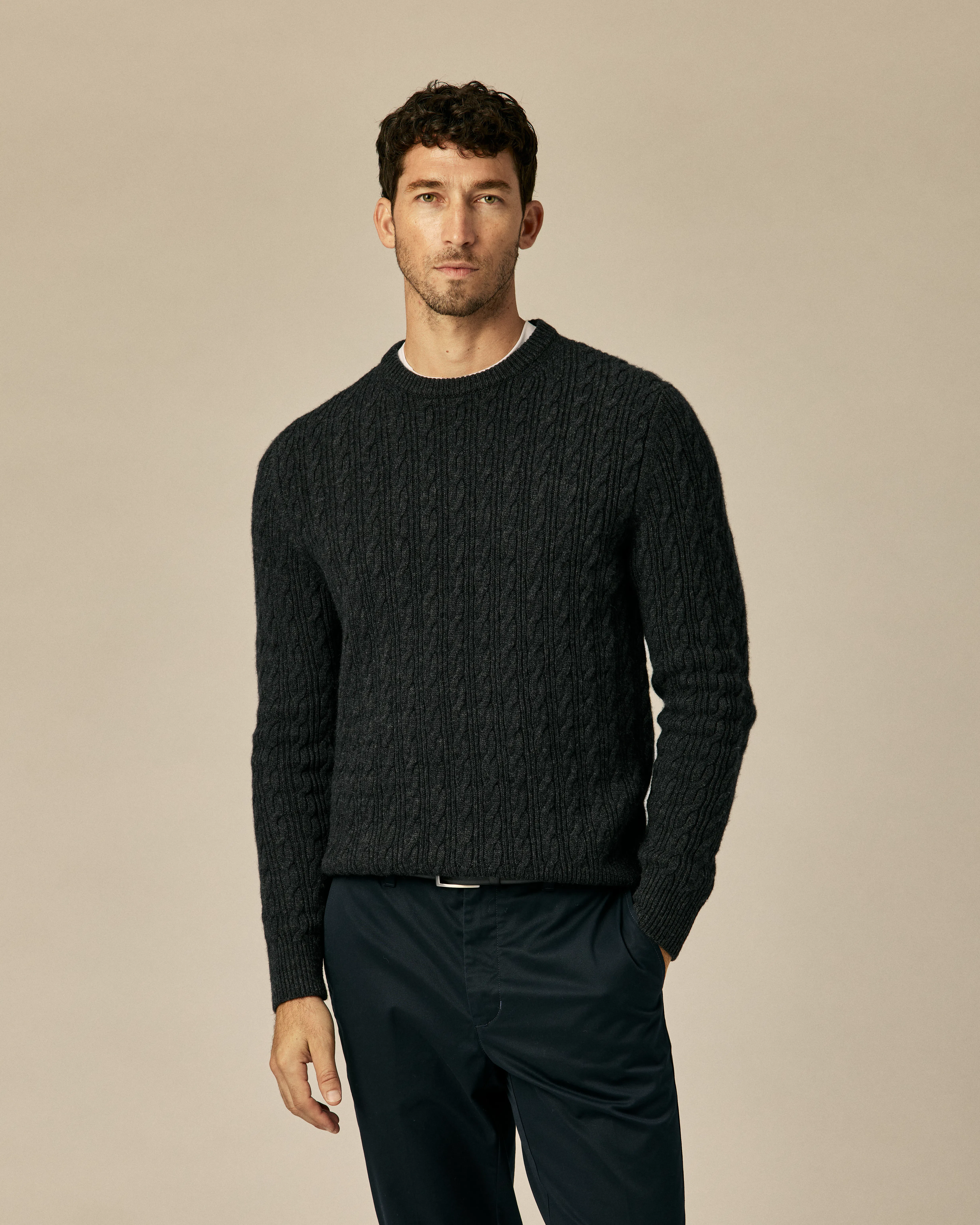 Wills EasyCash Merino Cable Knit Sweater - Charcoal | Crew Neck