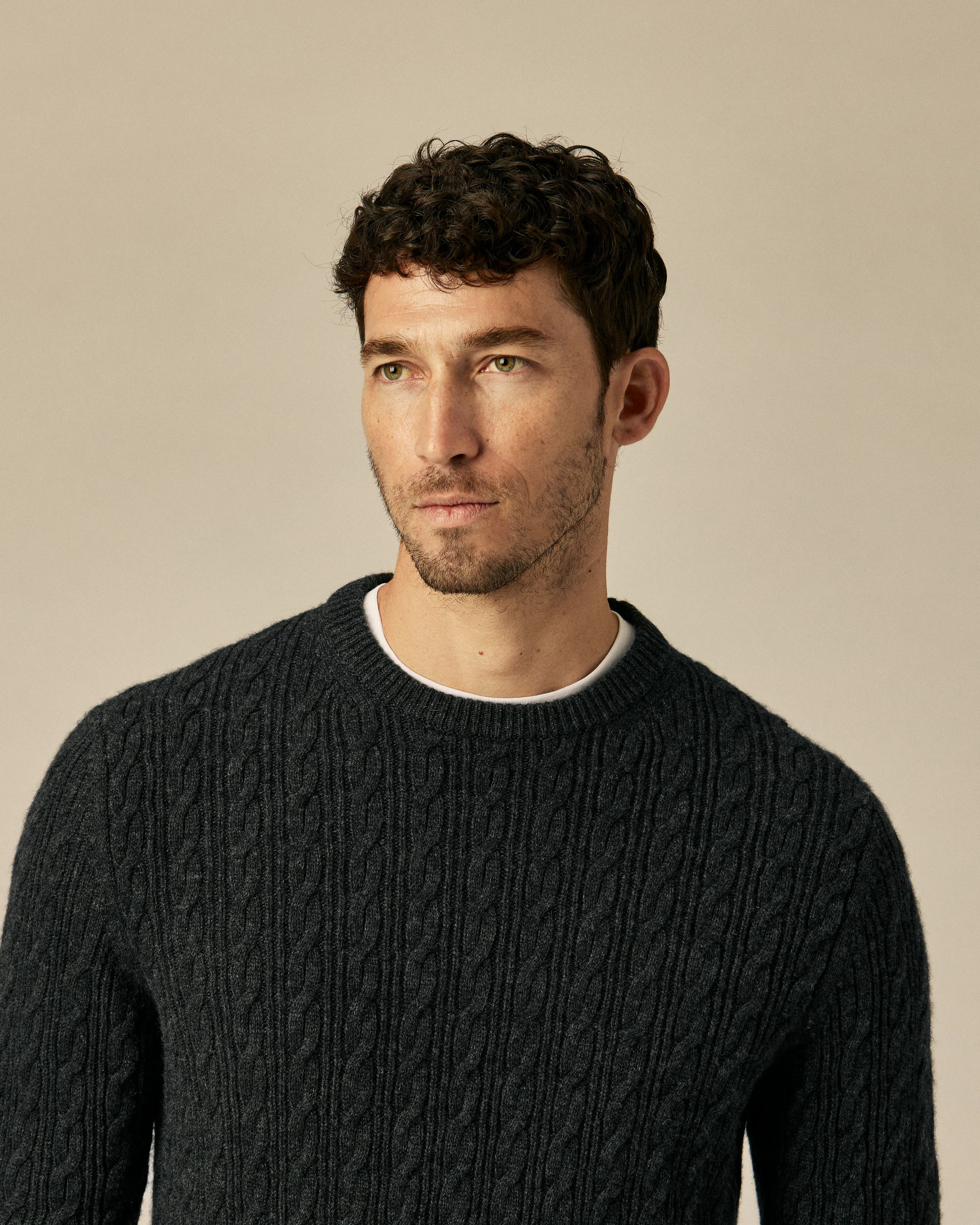 Wills EasyCash Merino Cable Knit Sweater - Charcoal | Crew Neck