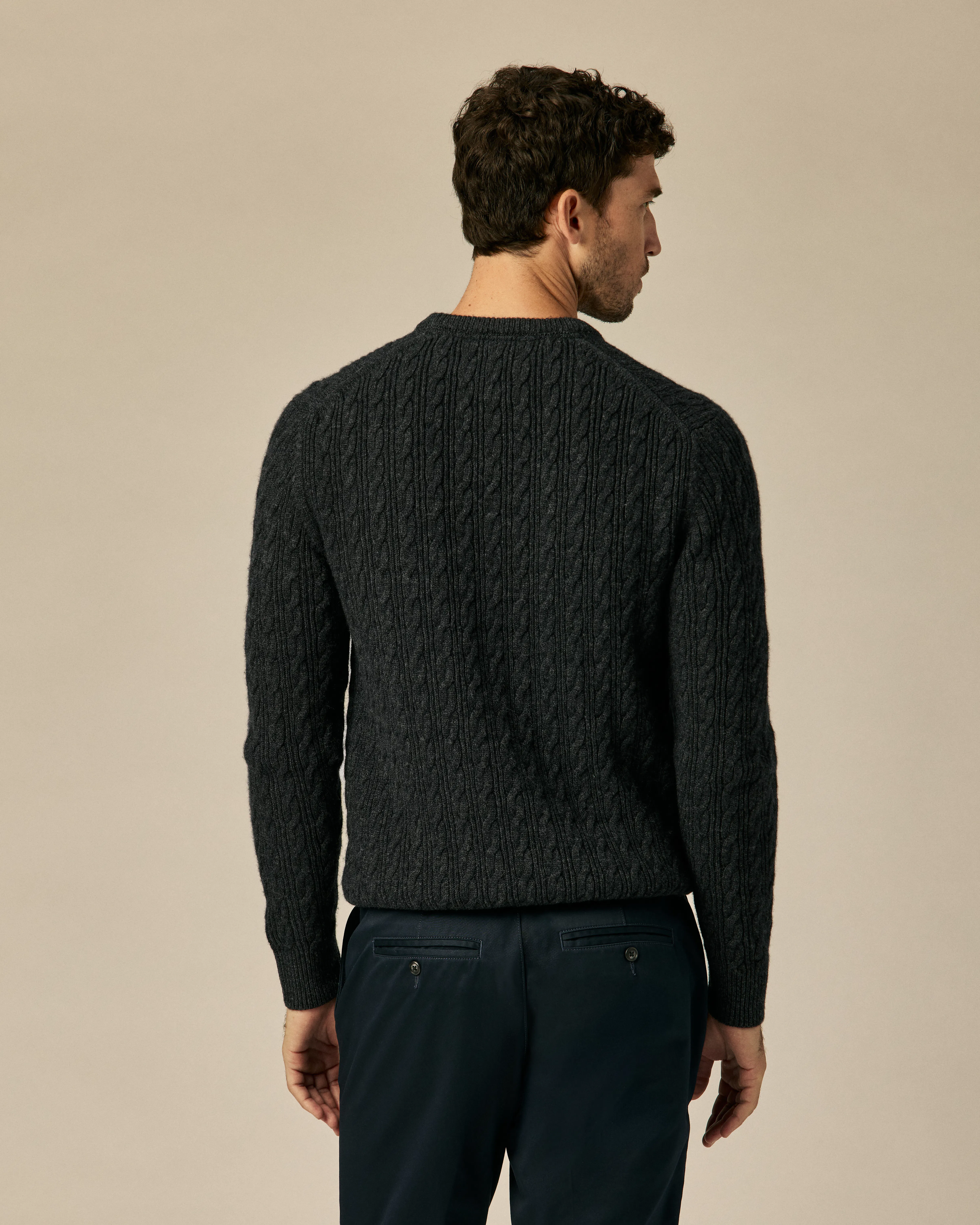 Wills EasyCash Merino Cable Knit Sweater - Charcoal | Crew Neck