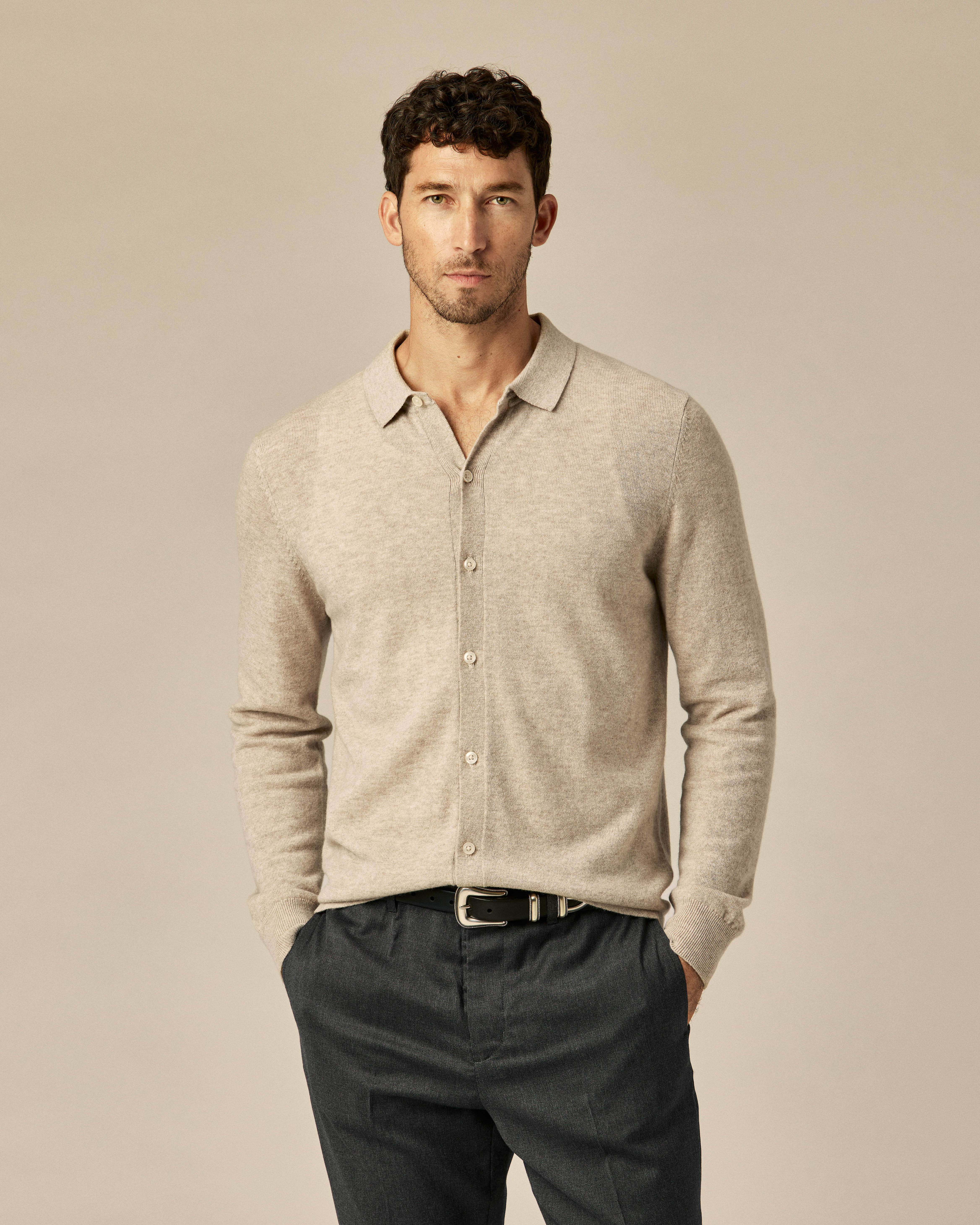 Wills EasyCash Merino Long Sleeve Polo Cardigan - Natural