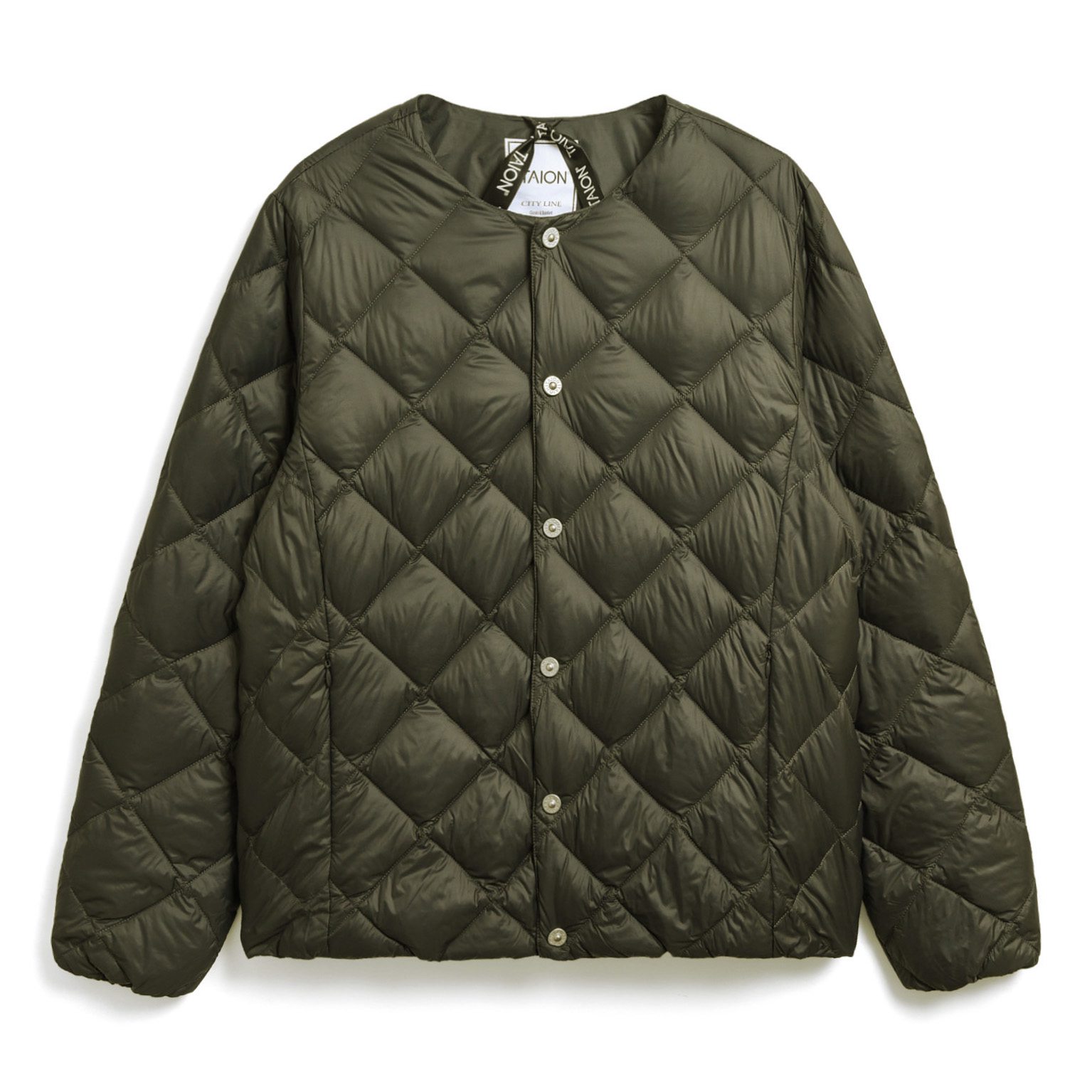 saby × TAION / ×TAION/QUILTING DOWN JACKET TAION City Crewneck Down Jacket - Olive | Quilted Jackets | Huckberry
