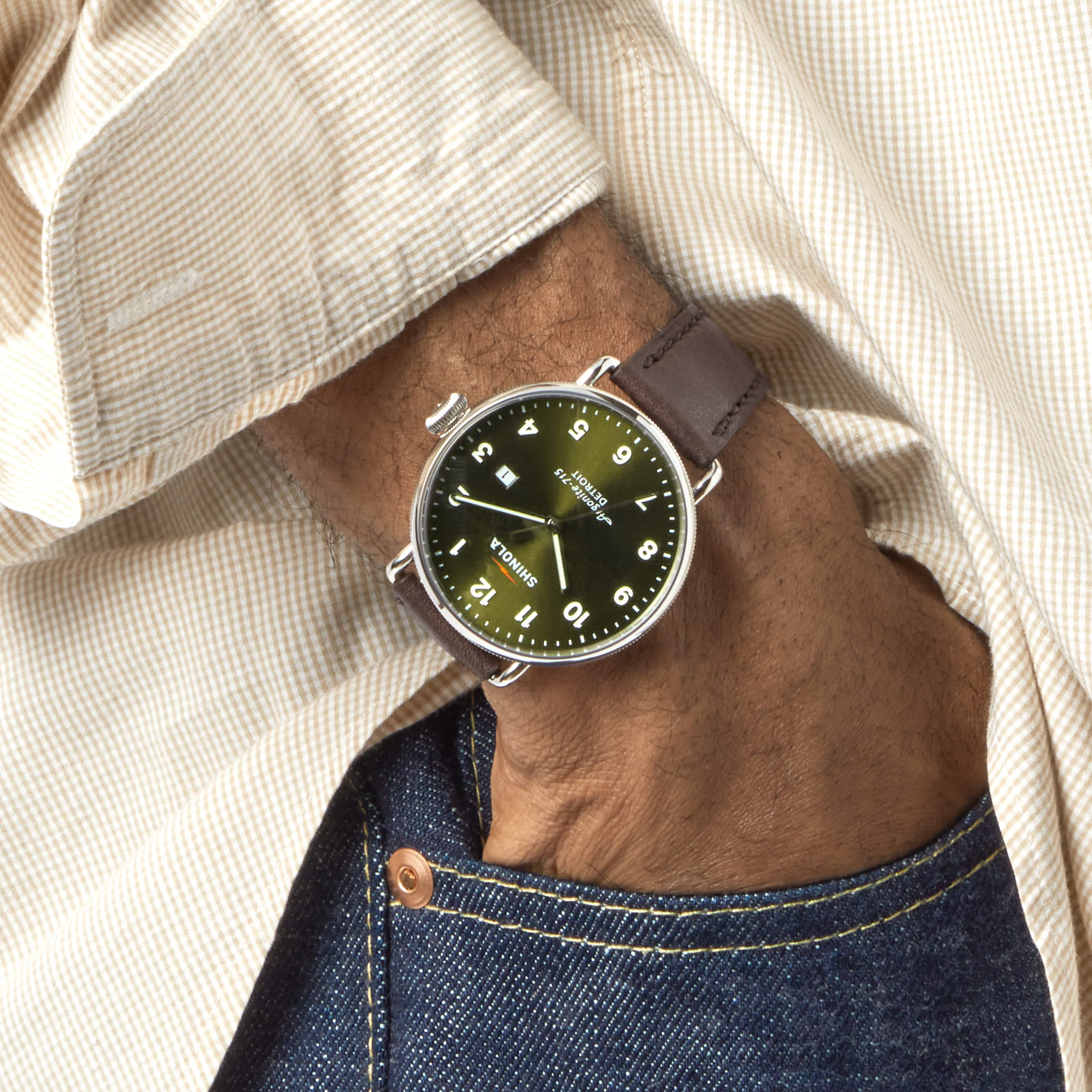 Shinola Canfield 3HD 43mm, Deep Brown Leather Strap - Dark Olive