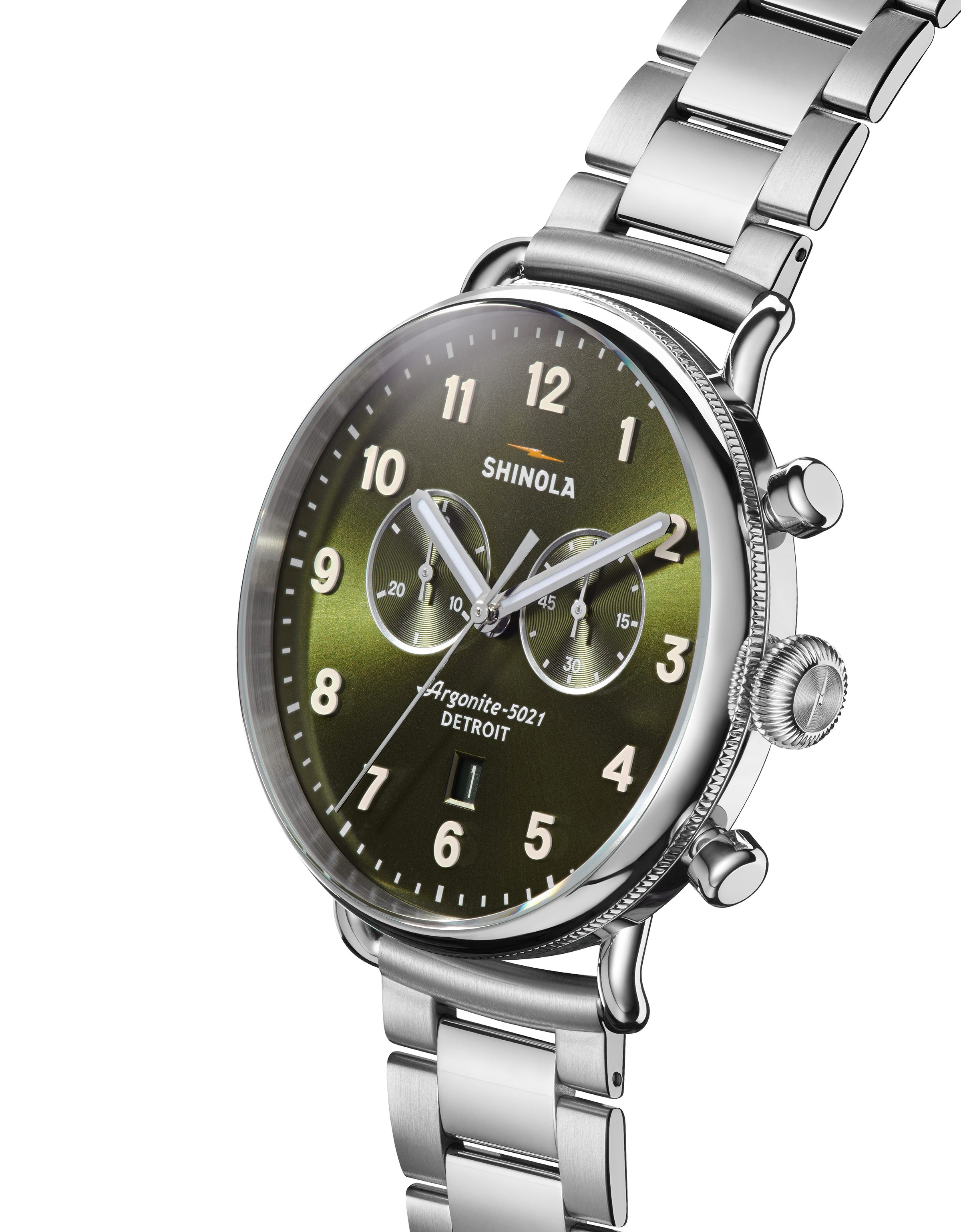 Shinola Canfield 2 Eye Chrono 43mm, Silver Bracelet - Dark Olive